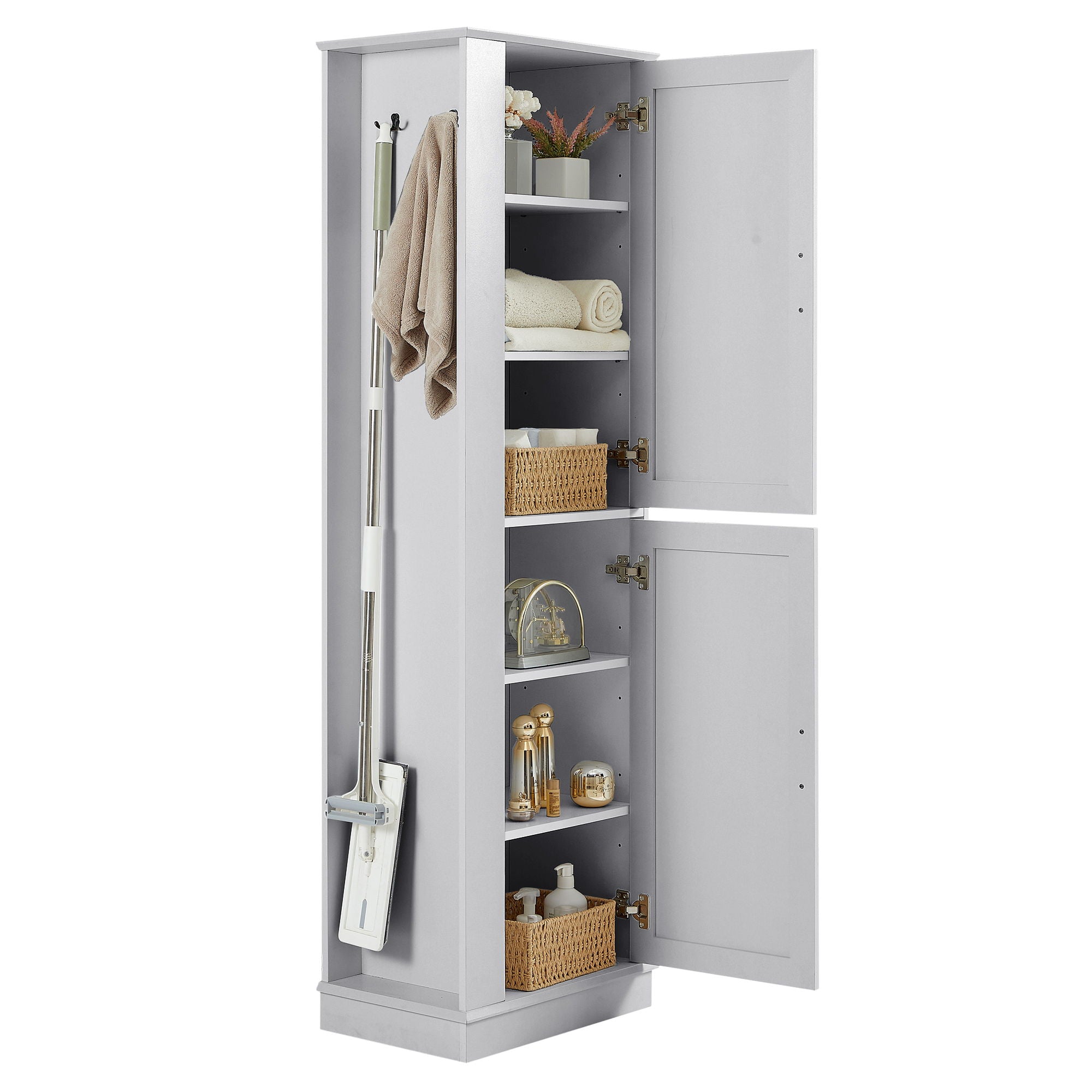 Tall Freestanding Bathroom Storage Cabinet With Adjustable Shelves And Side Hooks