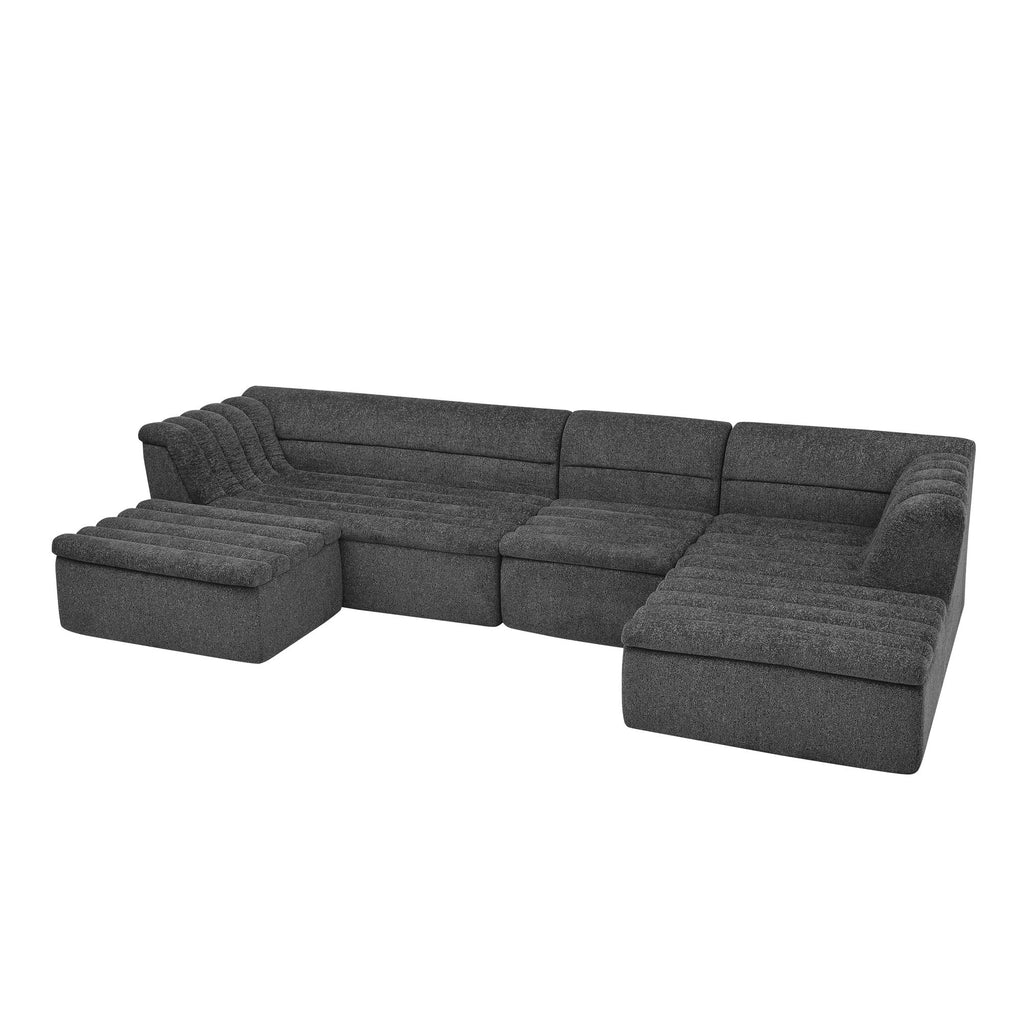 U-Shaped Modular Sectional Sofa With Chaise And Movable Ottoman With Wave-Shaped Armrest