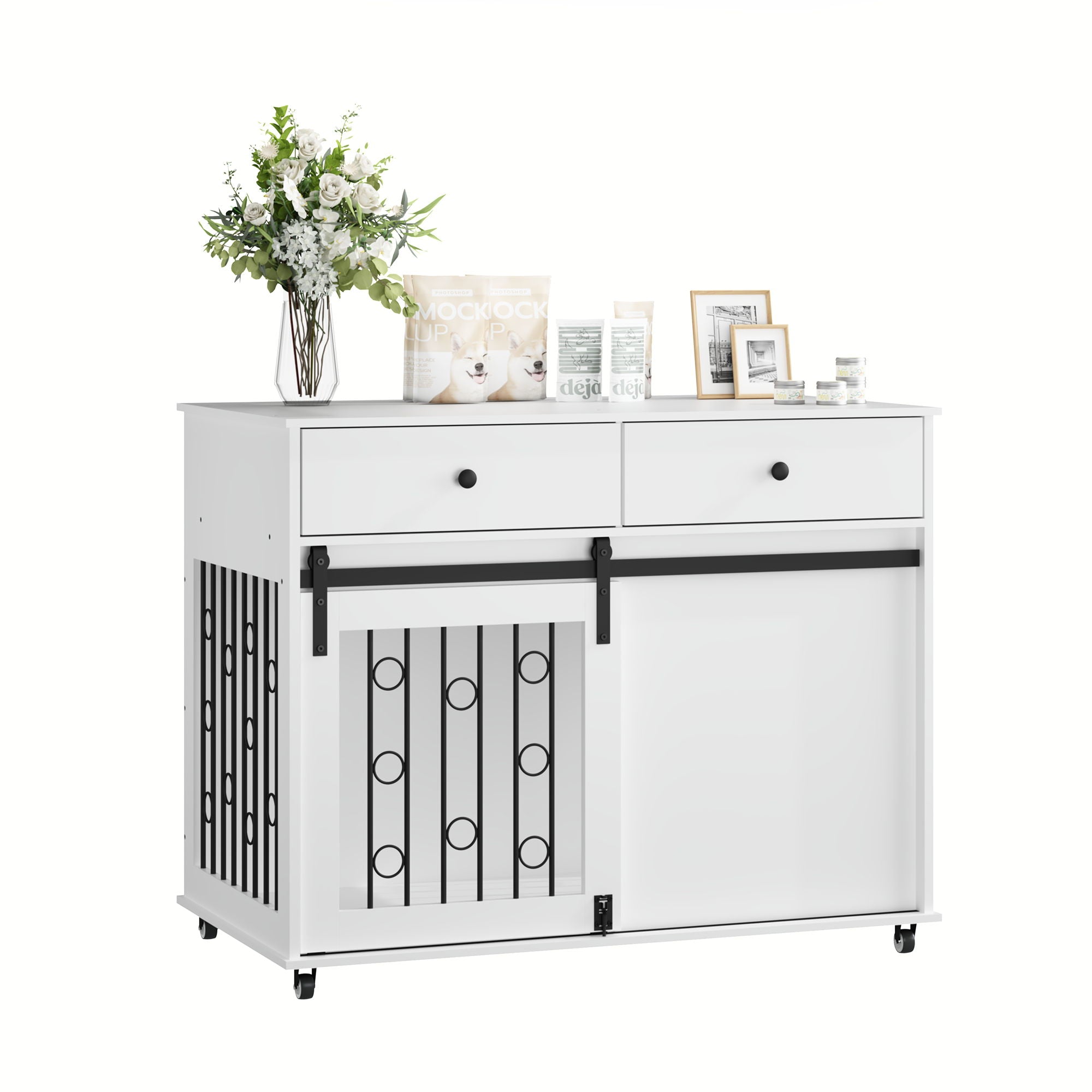Dog Crate Furniture With Double Drawers And Sliding Barn Door, Pet Kennel For Small To Medium Dogs - White