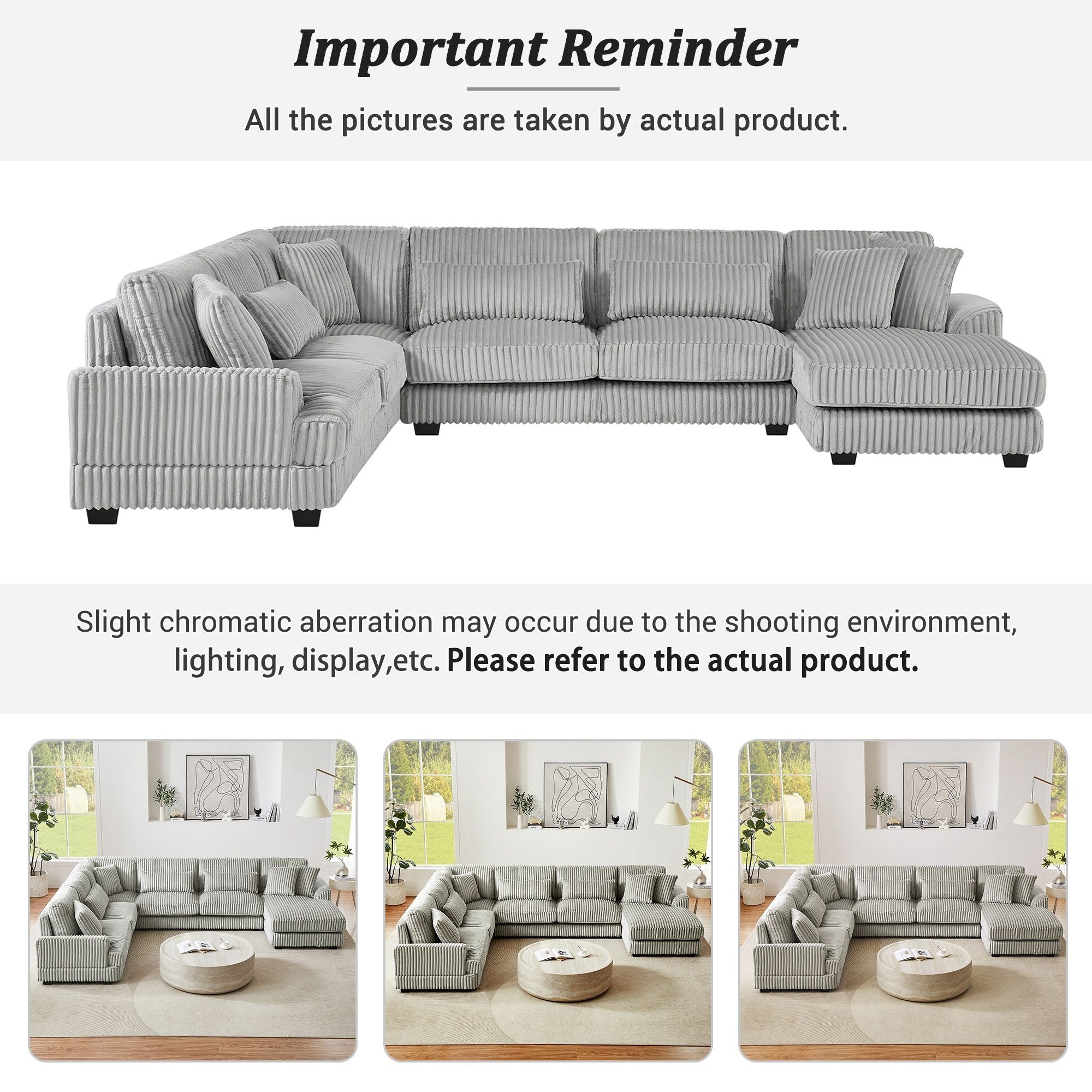U - Shaped Sectional Sofa With Chaise Lounge, Oversized Living Room Sofa - Gray