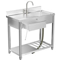 Outdoor Utility Sink With Workbench & Storage Shelf, Freestanding Prep Table With Left Drawer, Garden Patio Sink Station With 360° Hot & Cold Water Faucet - Silver