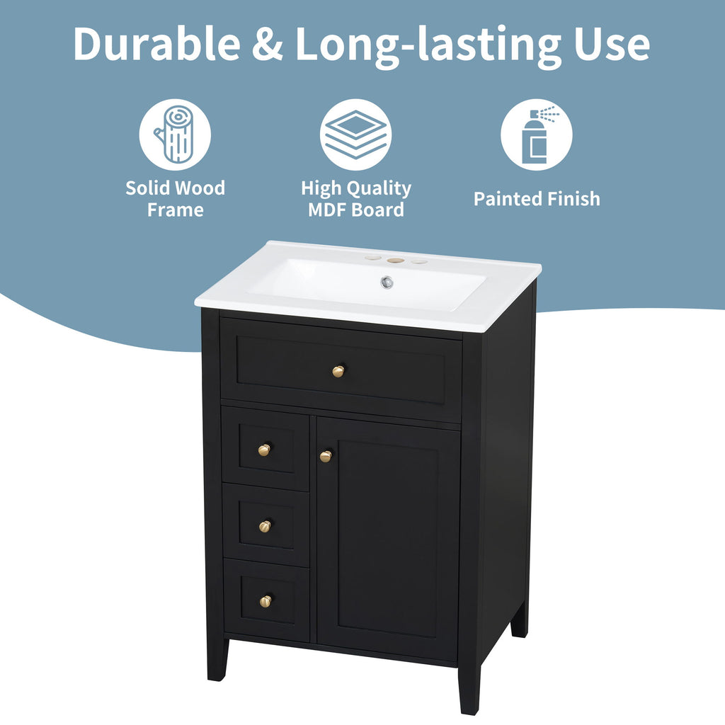Bathroom Vanity With Sink, 3 Drawers & Cabinet With Adjustable Shelves