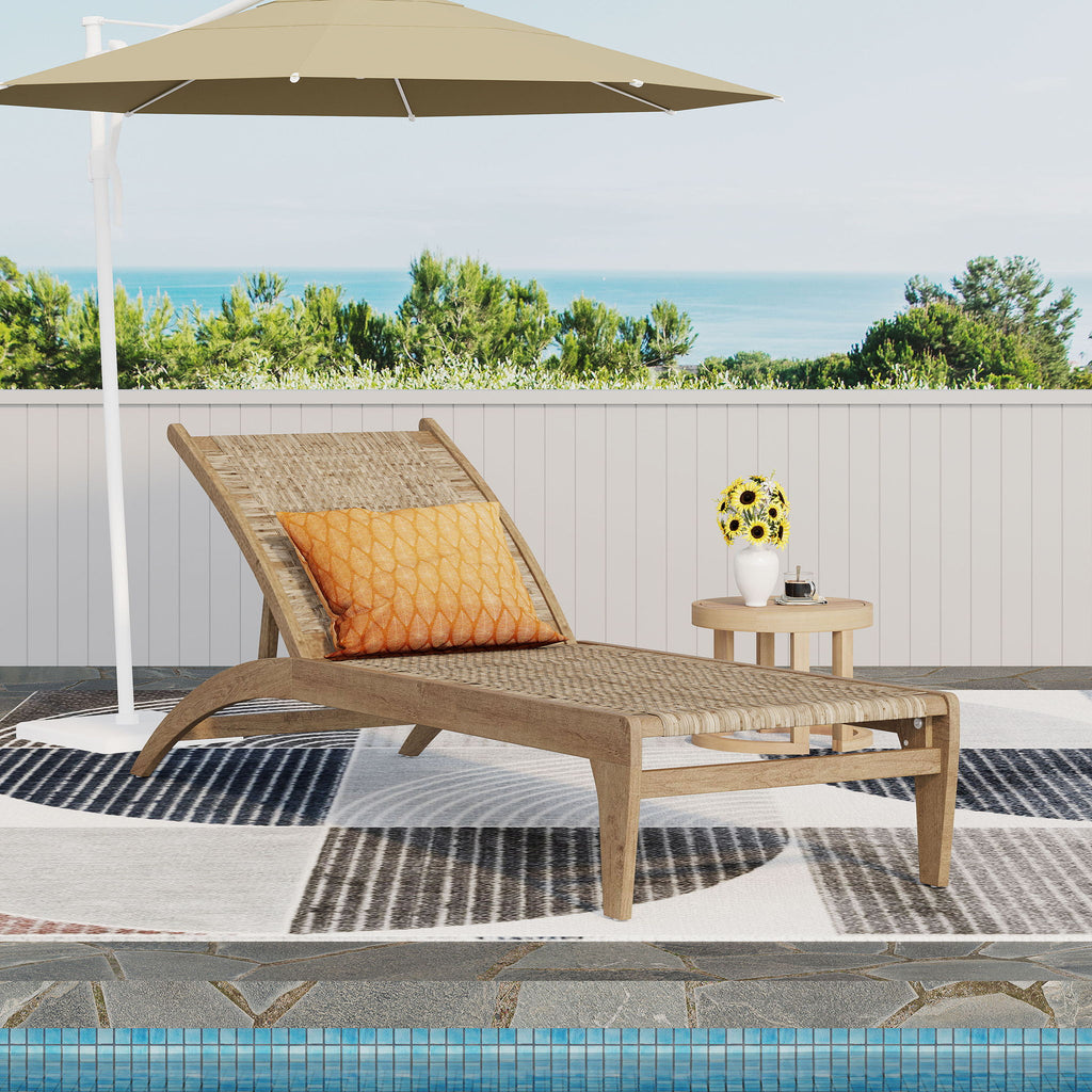 Outdoor Rattan Wicker Chaise Lounge With Acacia Wood Frame - Light Brown