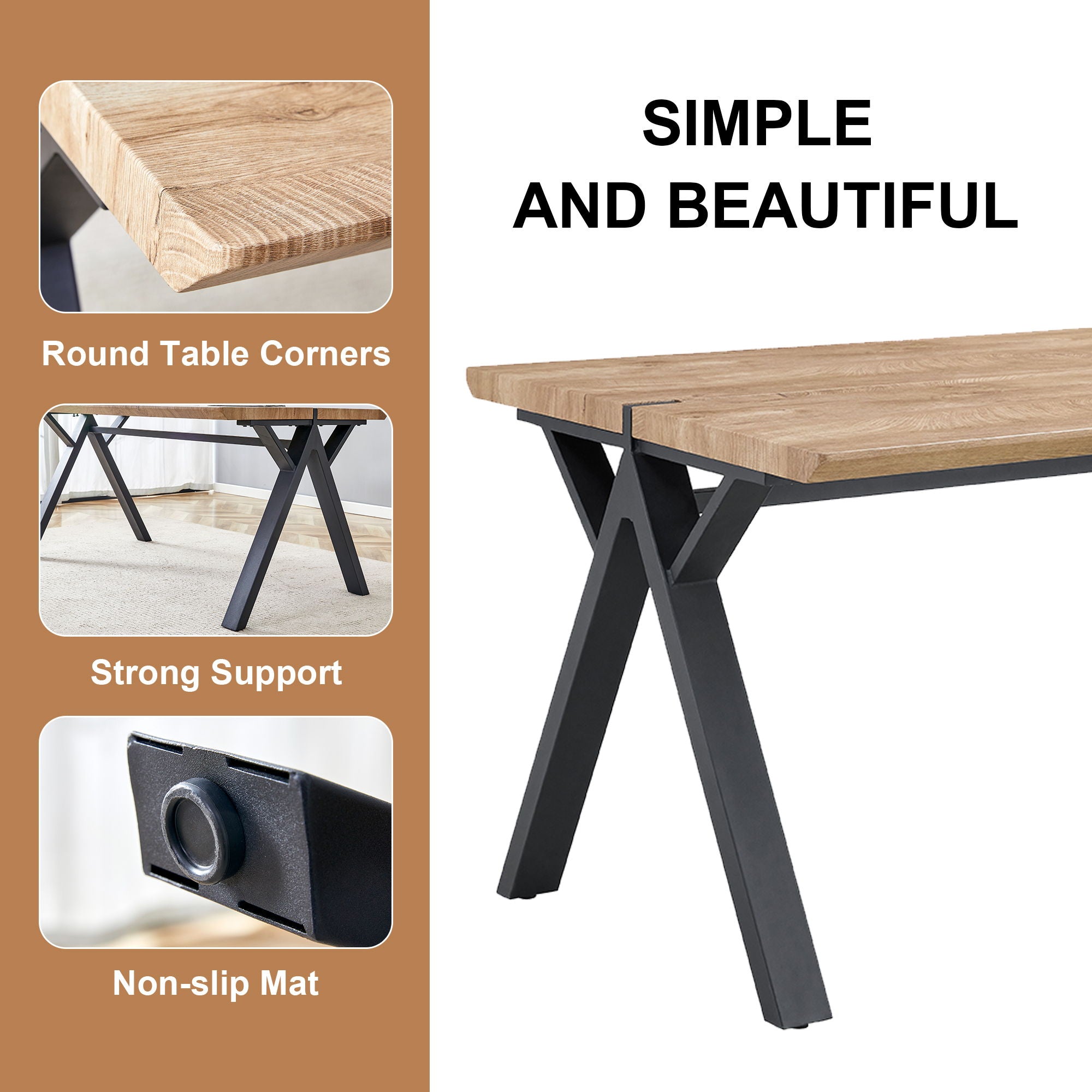 Wood Textured Dining Table With A Frame Legs.Density Board Sticker Pipe Spraying, Suitable For Various Occasions Such As Living Rooms - Black