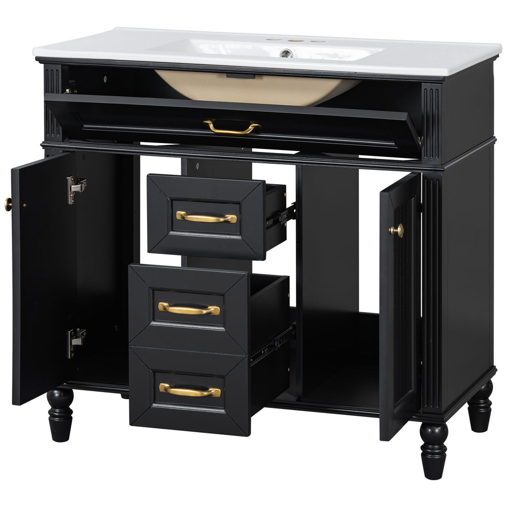 Bathroom Vanity With Sink, Flip-Out Top Drawer, Soft Close Doors, 2 Storage Drawers