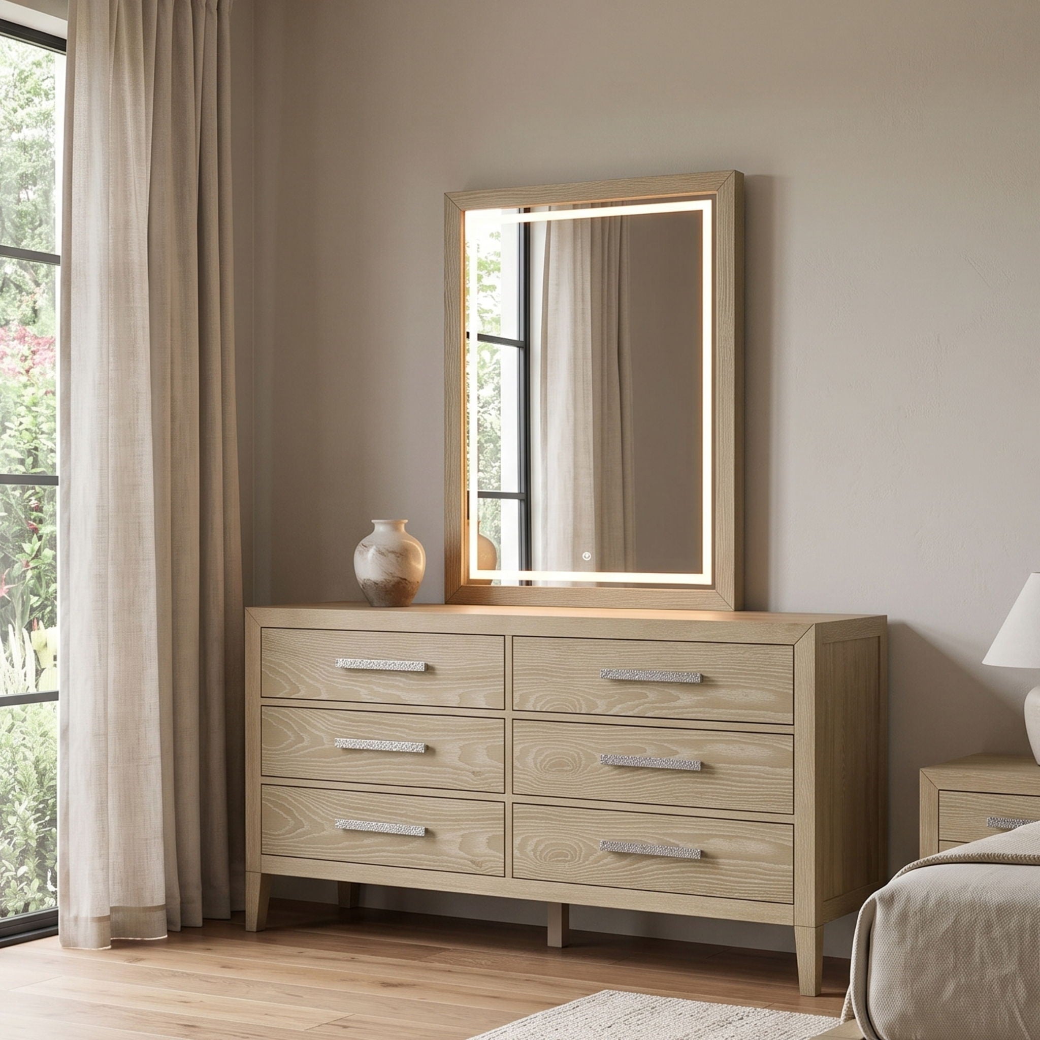 Adeline - 6 Drawers Dresser & Mirror With Jewelry Box & LED Light - Natural Wood Wash