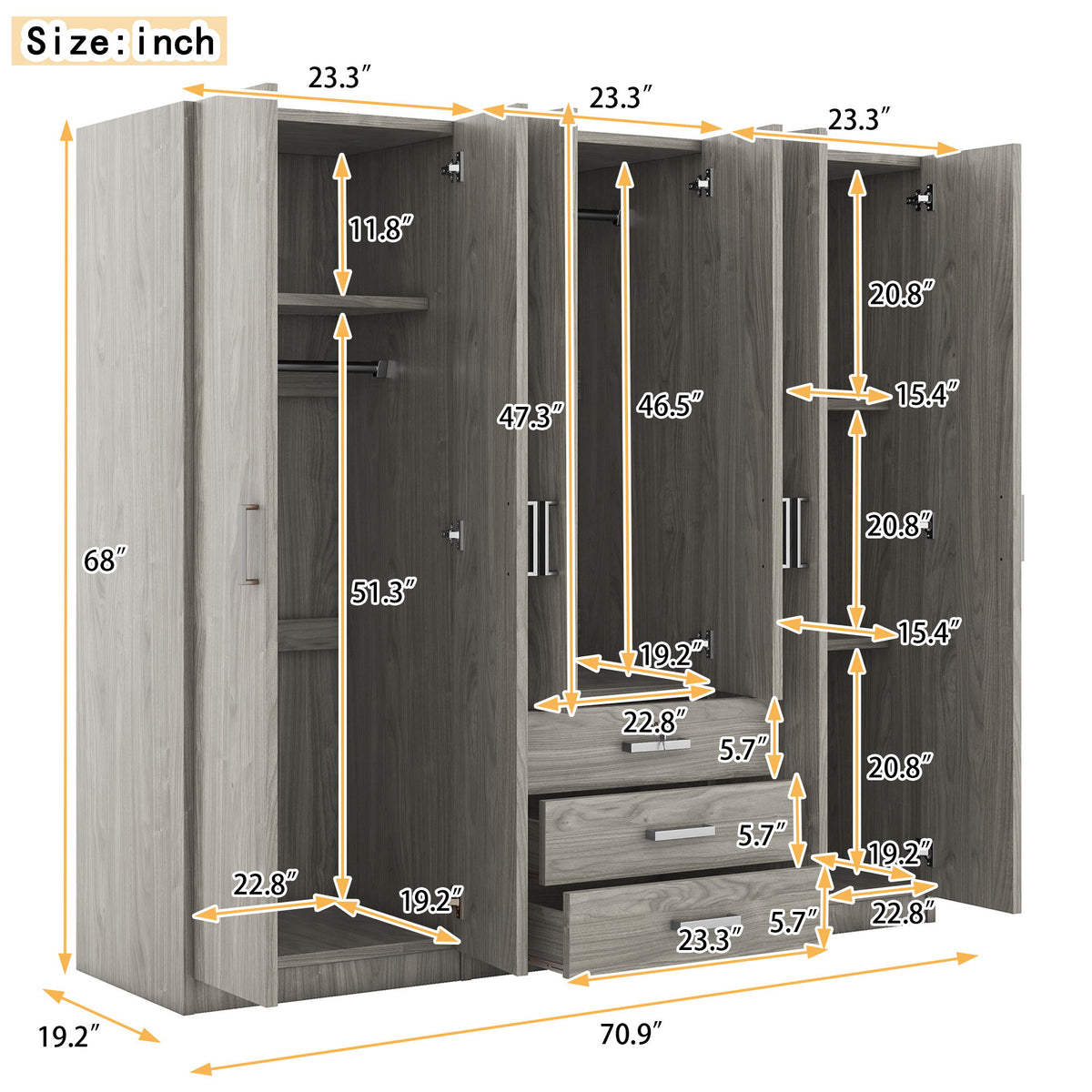 6 Doors Wardrobe Storage For Bedroom, With Big Drawers