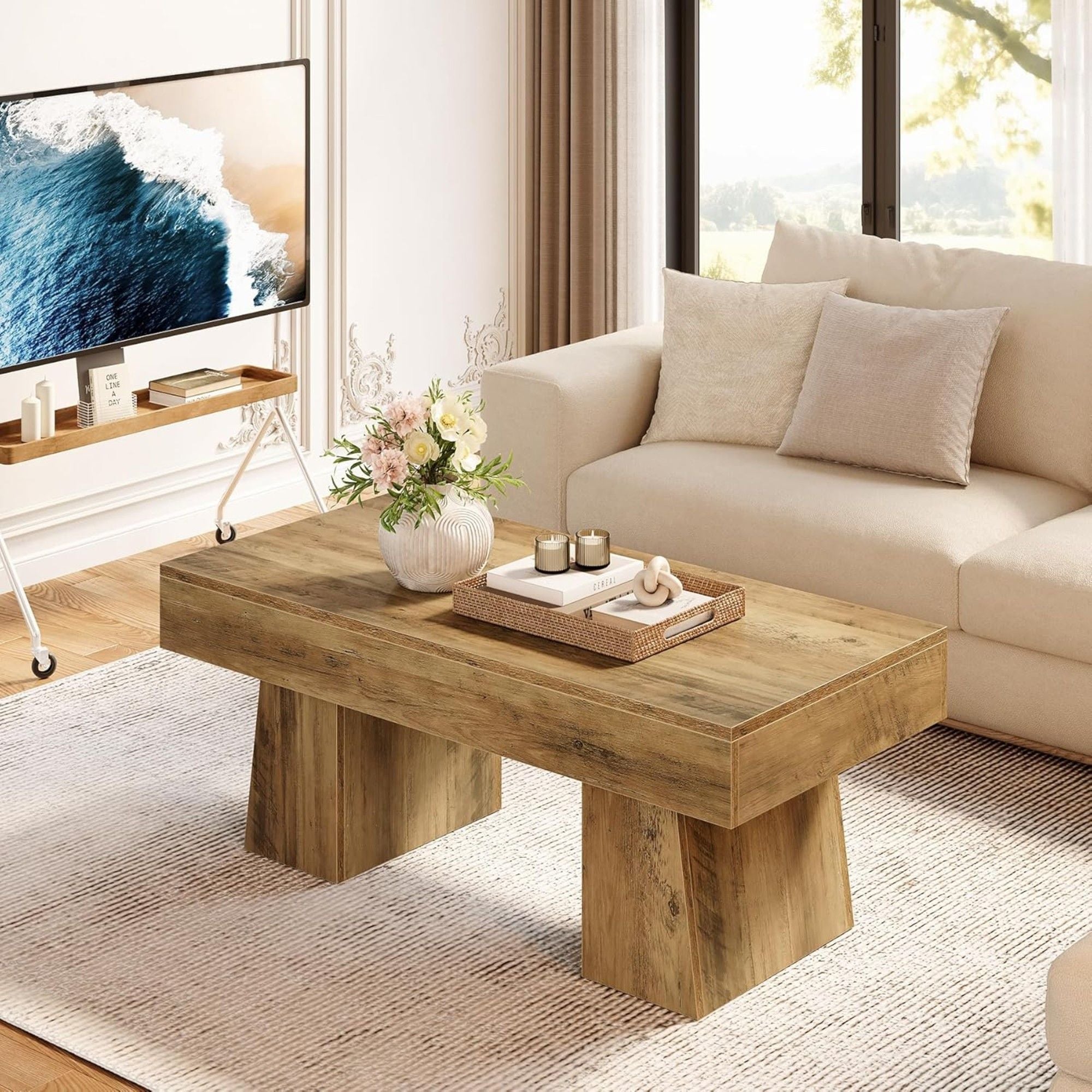 Rectangular Accent Coffee Table With Thick Base, Low Cocktail Tea Furniture For Living Room - Rustic Brown