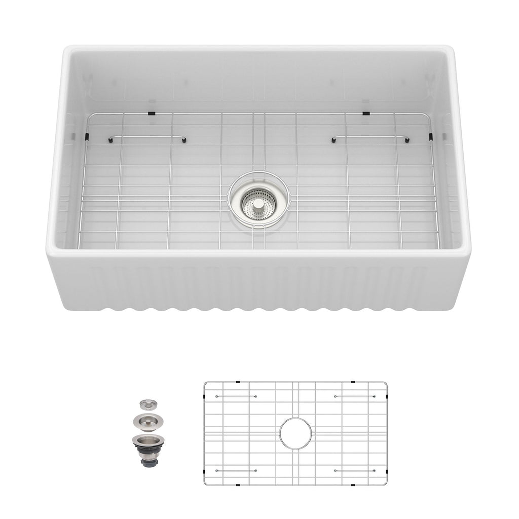 Apron-Front Reversible Single Bowl Kitchen Sink With Accessories - White