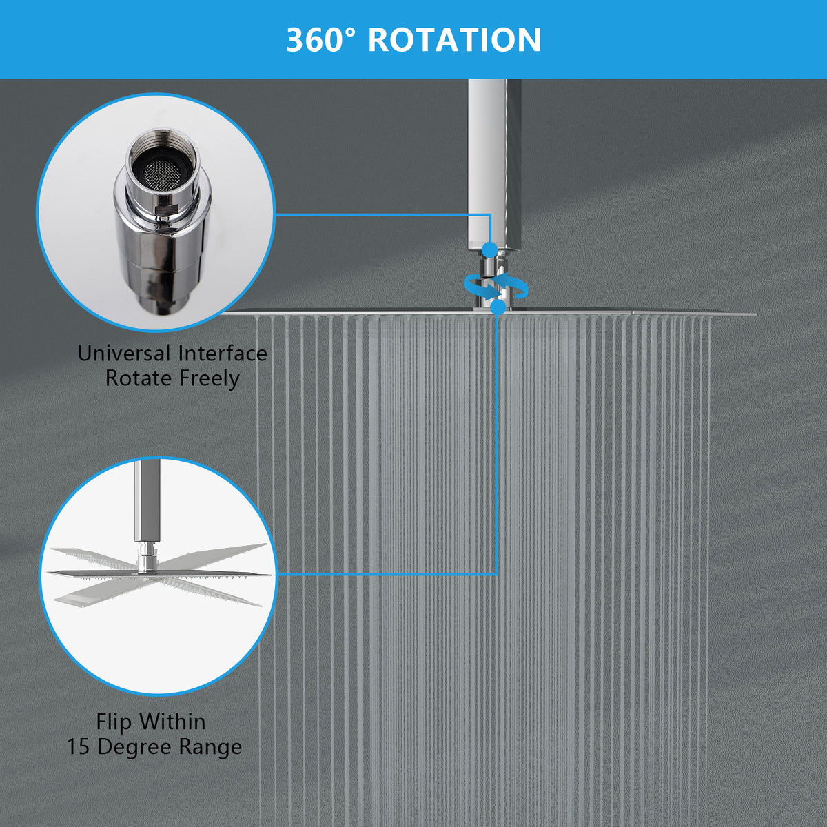 16" Square Rainfall Shower Head Fixed Wall Mount With Full Body Coverage & Self Cleaning Silicone Nozzles - Chrome