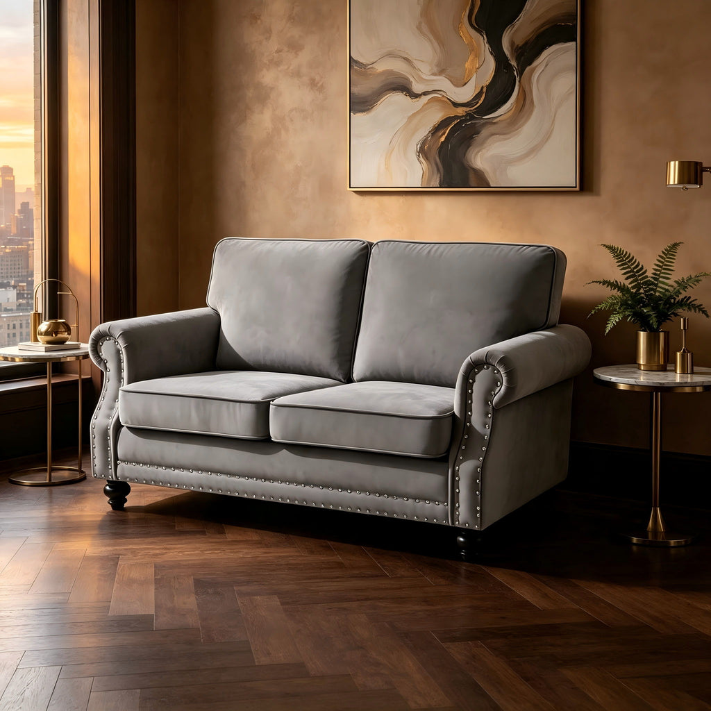 Loveseat Sofa With Nailhead Detail & Turned Legs, 2 Seater Upholstered Couch