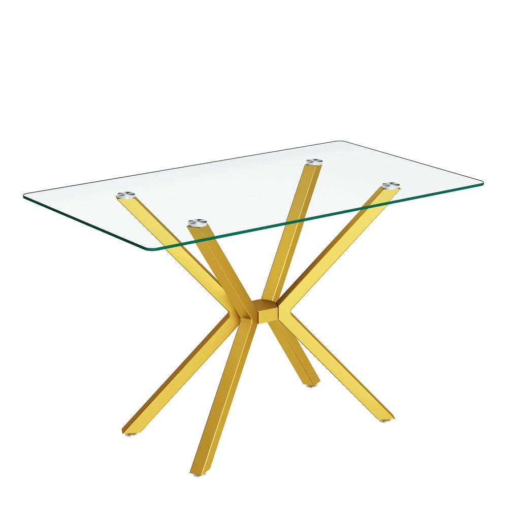 Rectangular Clear Tempered Glass Dining Table, Stylish Design With Plated Metal Legs
