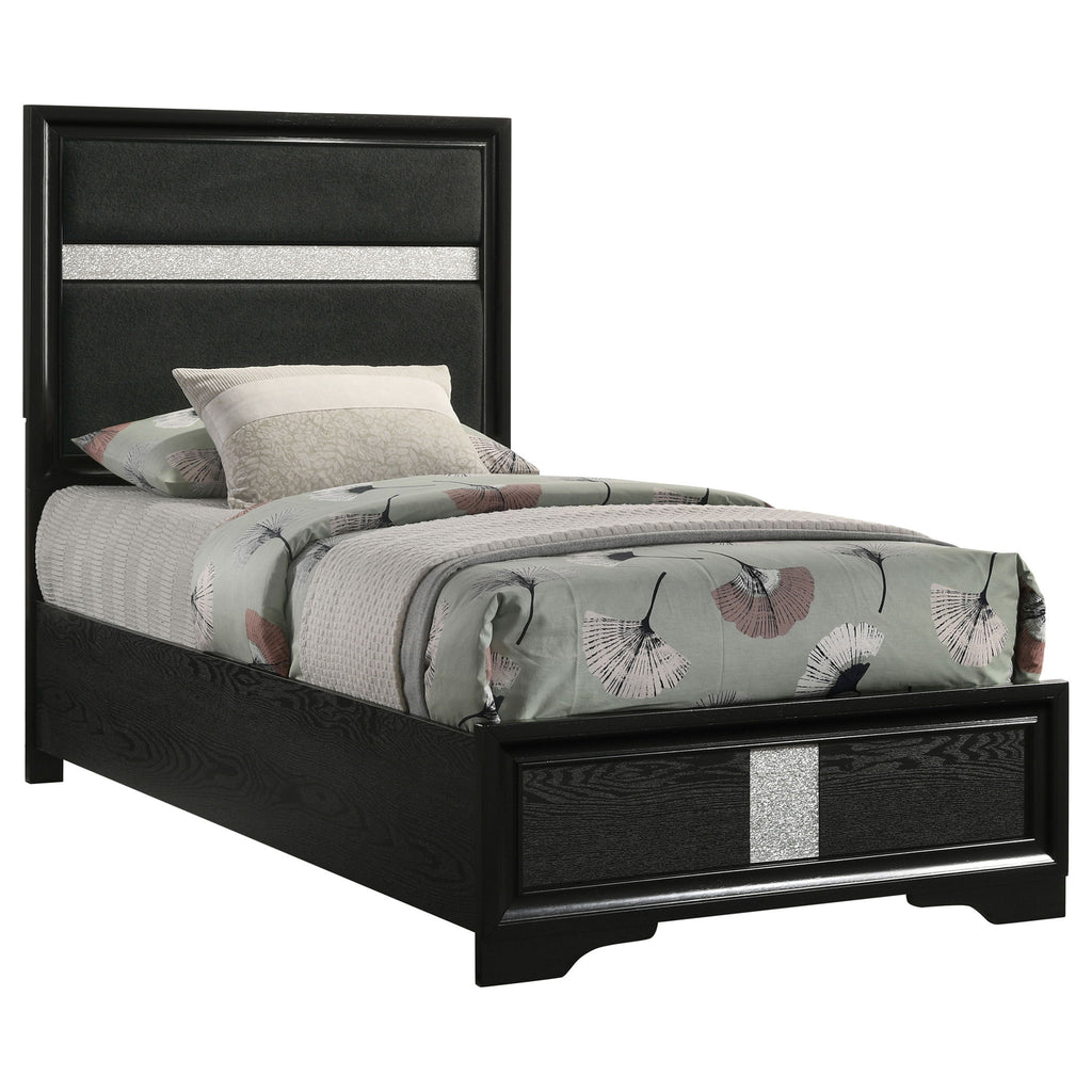 Panel Bed With Padded Headboard And Glittering Accent Stripes
