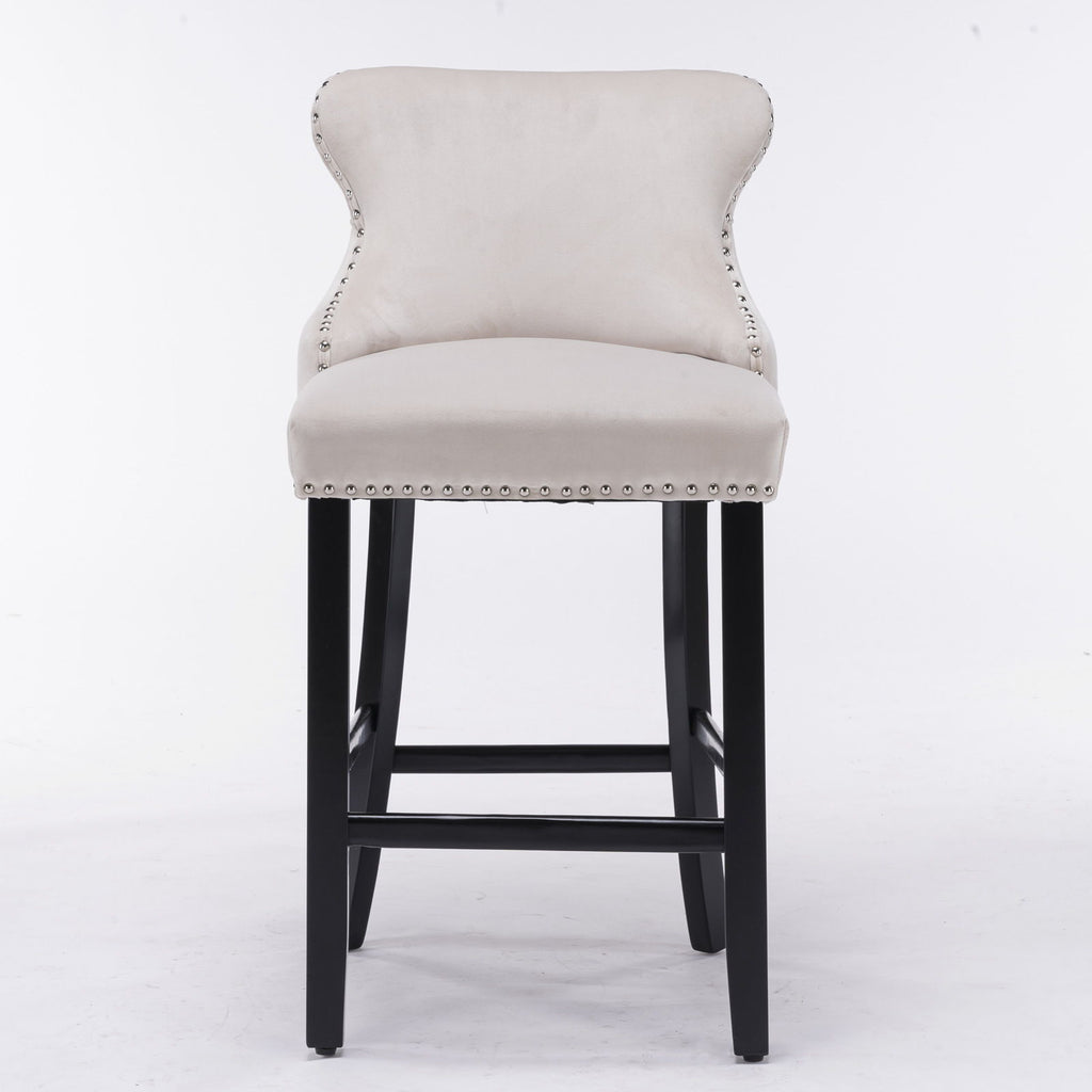 Contemporary Upholstered Wing-Back Barstools With Button Tufted Decoration And Wooden Legs, And Nailhead Trim, Leisure Style Bar Chairs, Bar Stools (Set of 2)