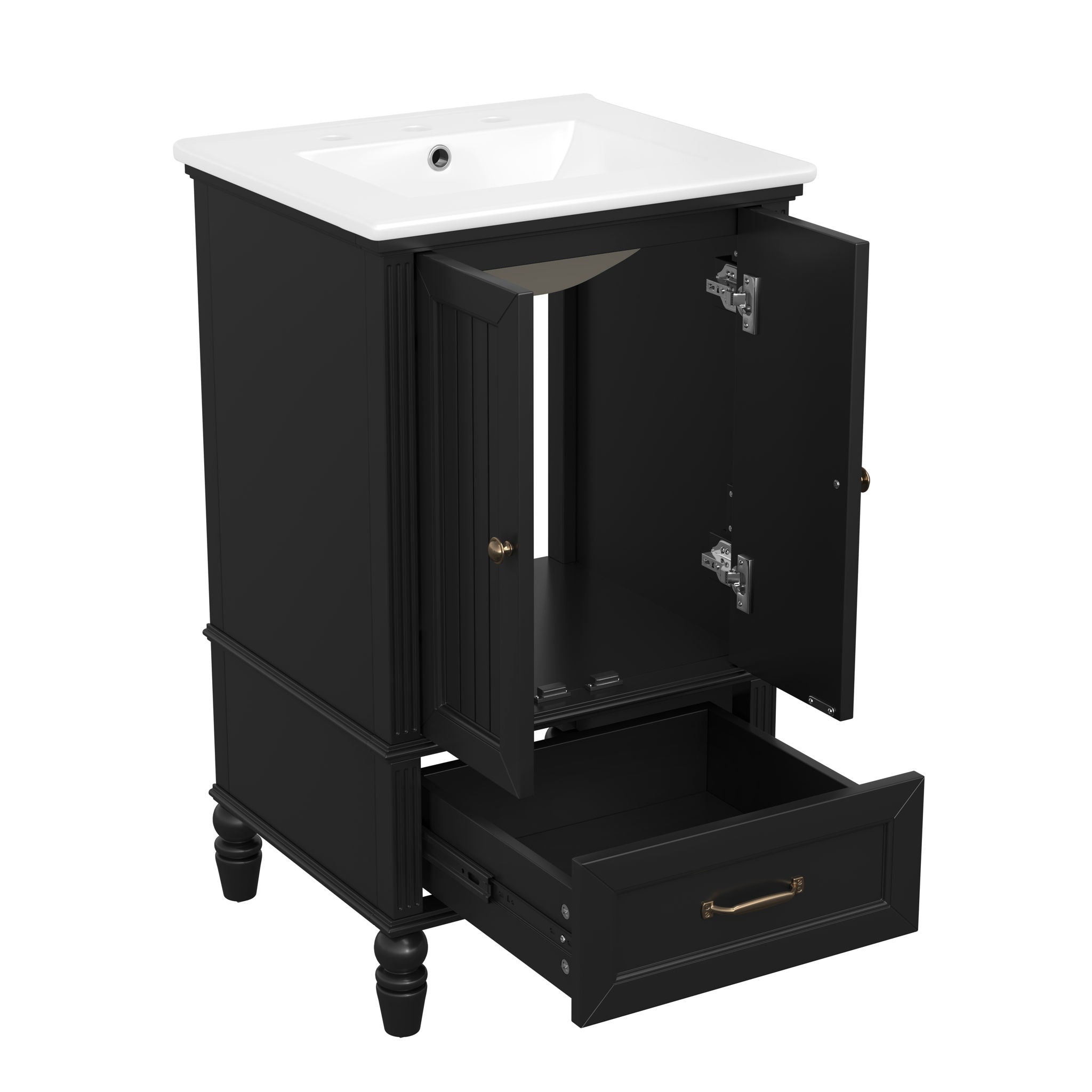 20" Bathroom Vanity With Sink Cabinet With 2 Doors, 2 Drawer, Magnetic Door Stopper, Adjustable Feet, Drop In Sink - Black