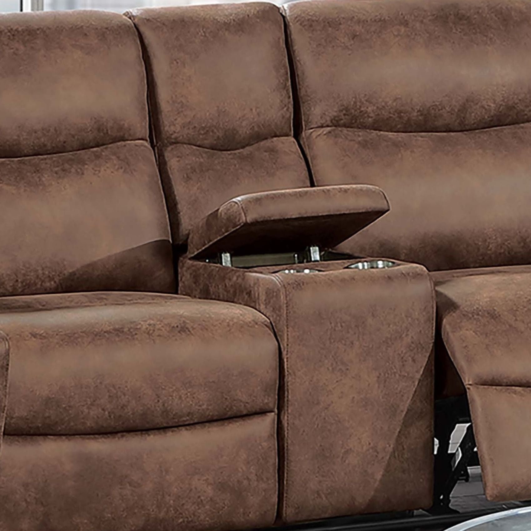 1 Piece Manual Motion Loveseat Hidden Cup Holder Console With Plush Back Cushion For Living Room - Walnut