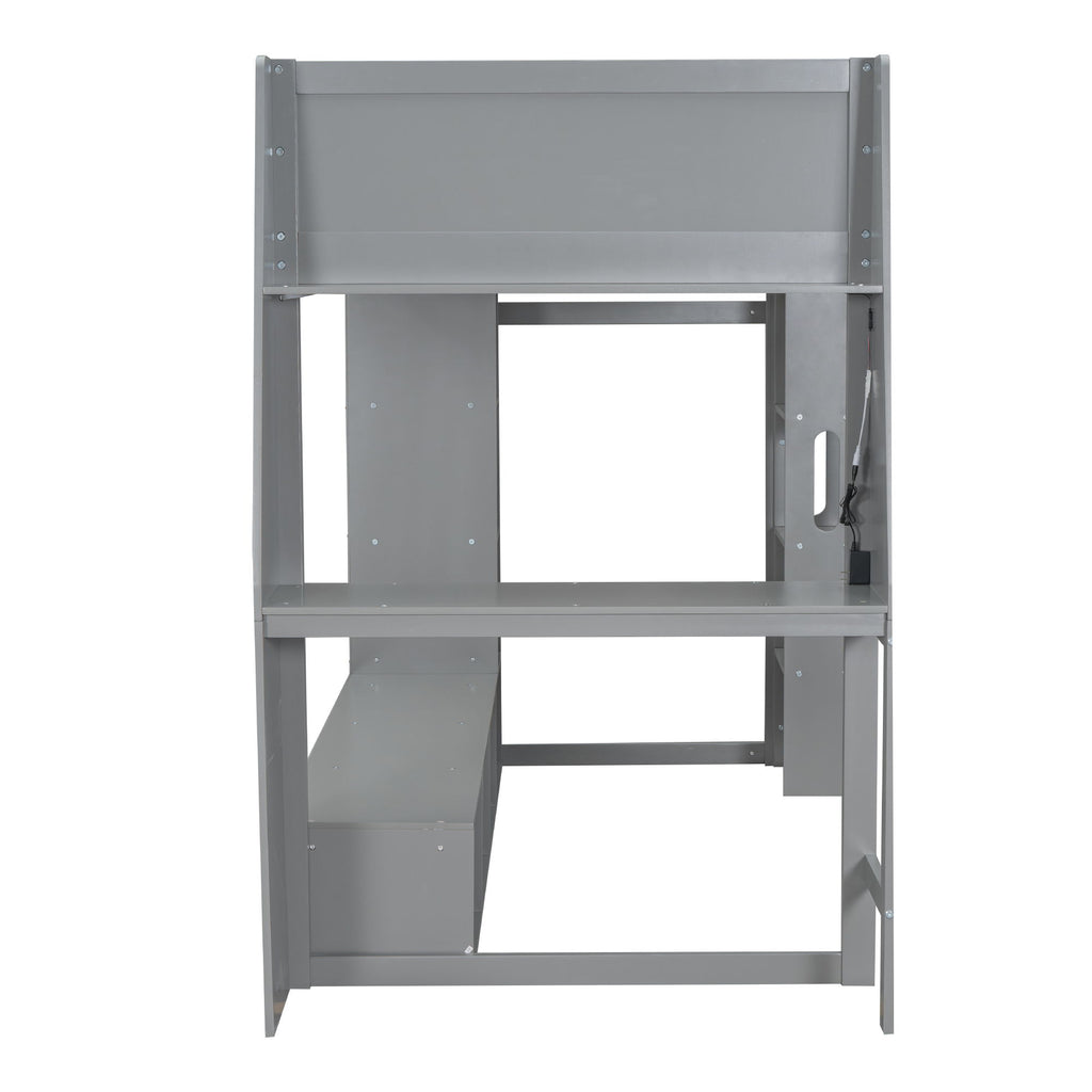 Gaming Loft Bed With Desk, Multi Storage Shelves, LED Lighting, And Hanging Clothes Rack