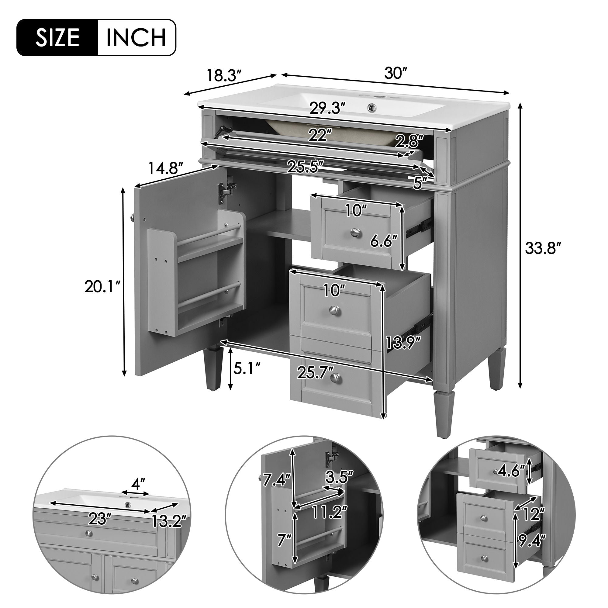Bathroom Vanity With Top Sink, Freestanding Storage Cabinet With 2 Doors And 3 Drawers, Mirror Cabinet Included - Gray