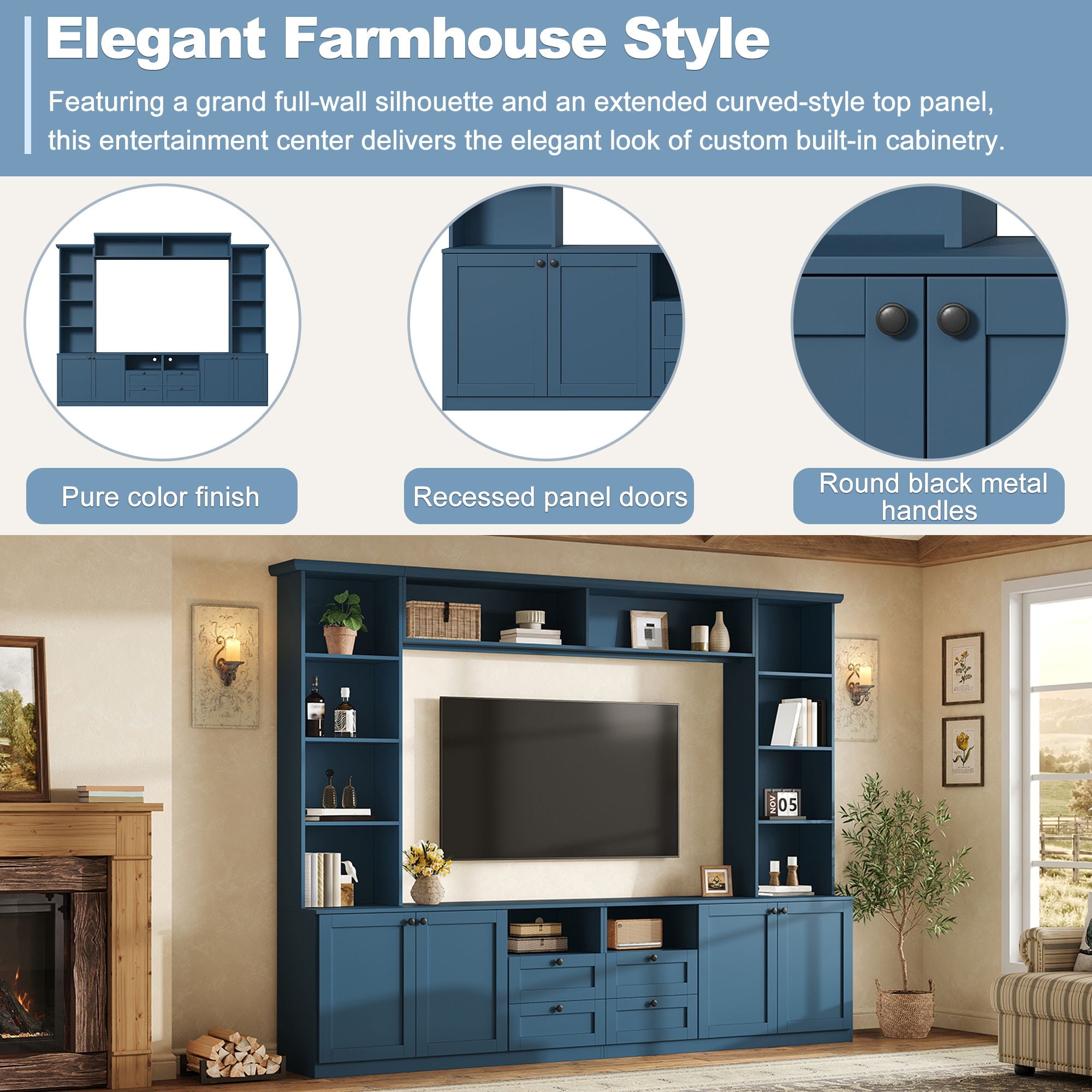 Farmhouse Elegant Entertainment Center Wall Unit With 4 Drawers