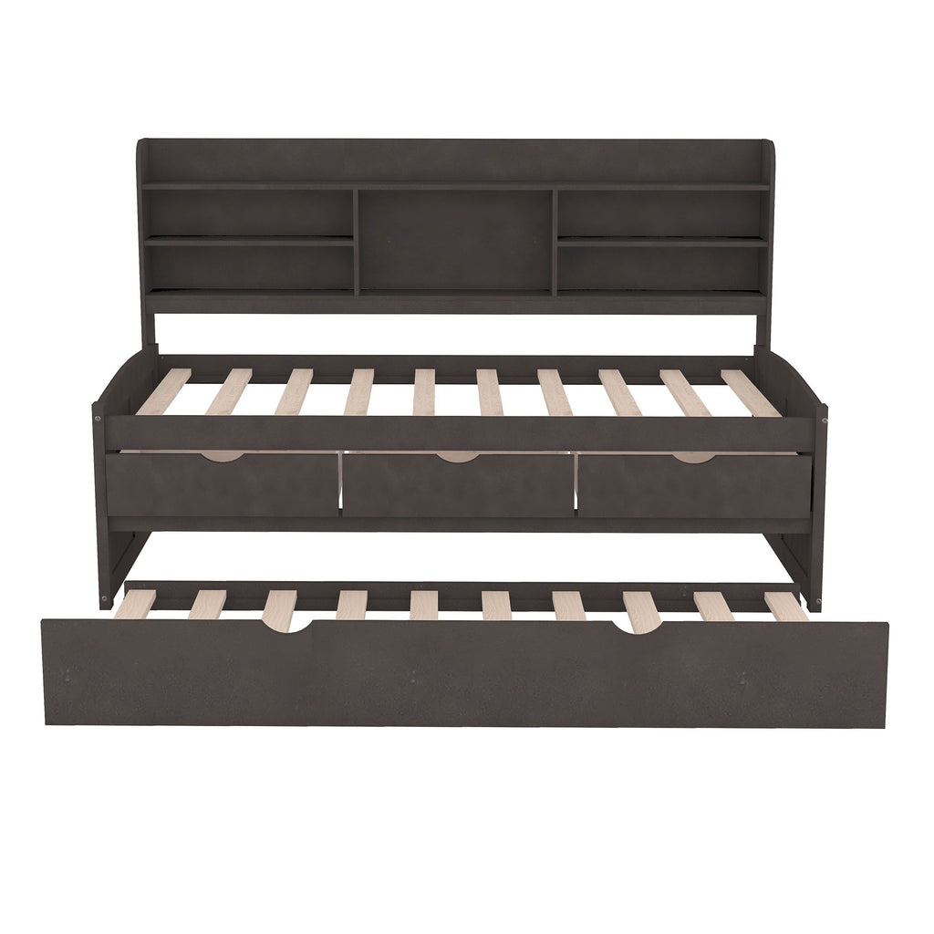 Captain Bed With Built In Bookshelves, 3 Storage Drawers, And Trundle
