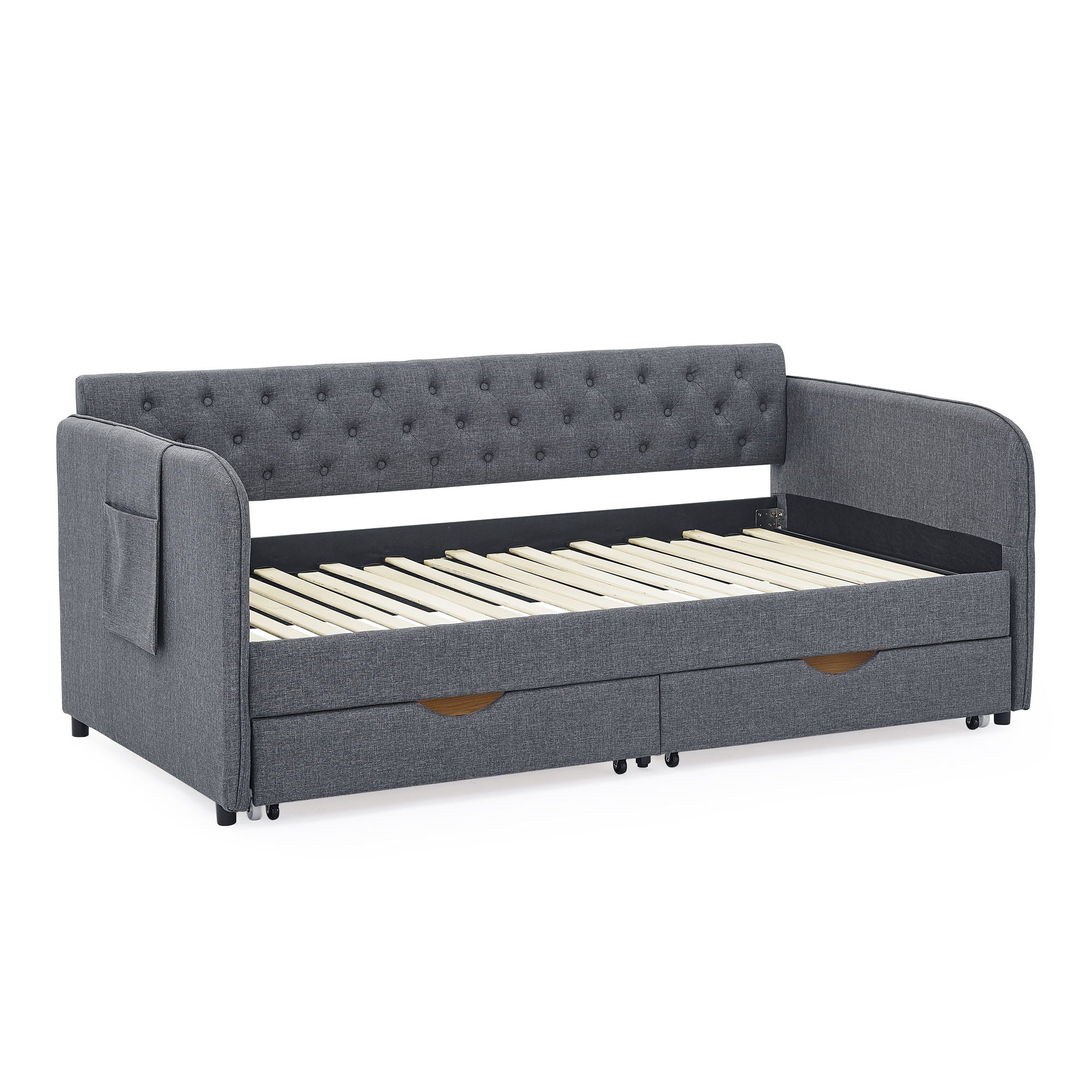Daybed With Trundle And Storage Drawers, Flat Arms With Pocket