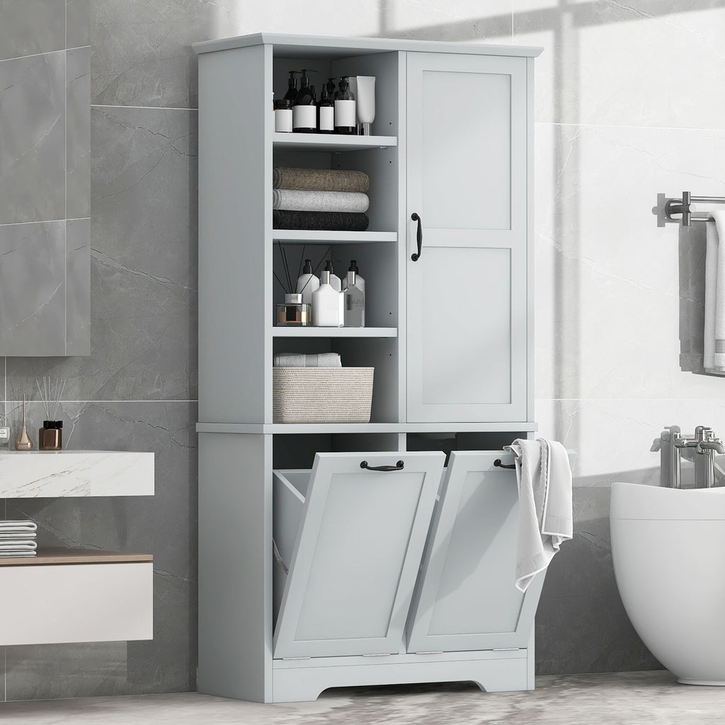Freestanding Bathroom Storage Cabinet With Doors And Drawers, Adjustable Shelves, Tilt-Out Laundry Hamper