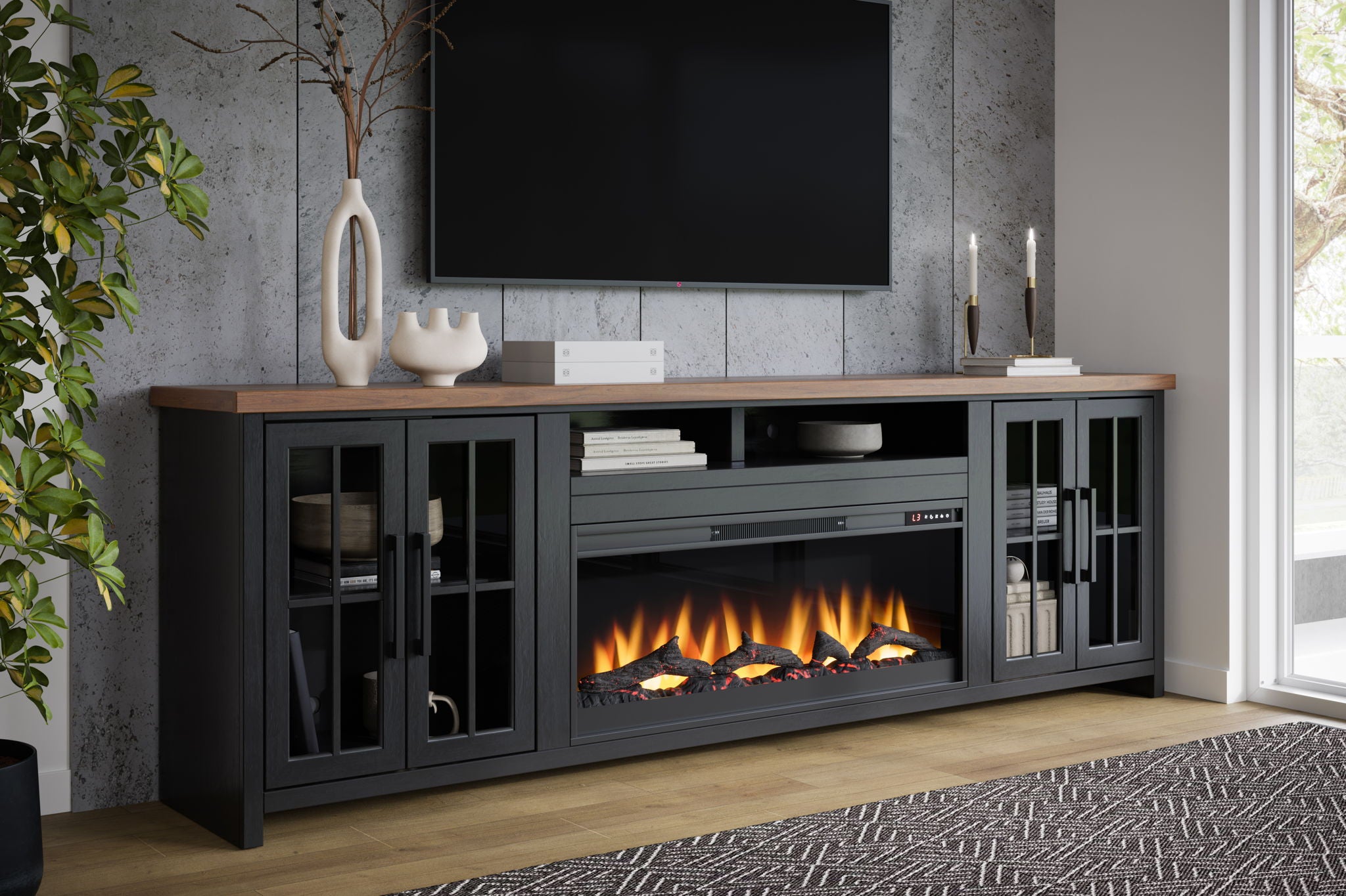 Fireplace TV Stand Console For TVs Up To 100" - Black / Whiskey