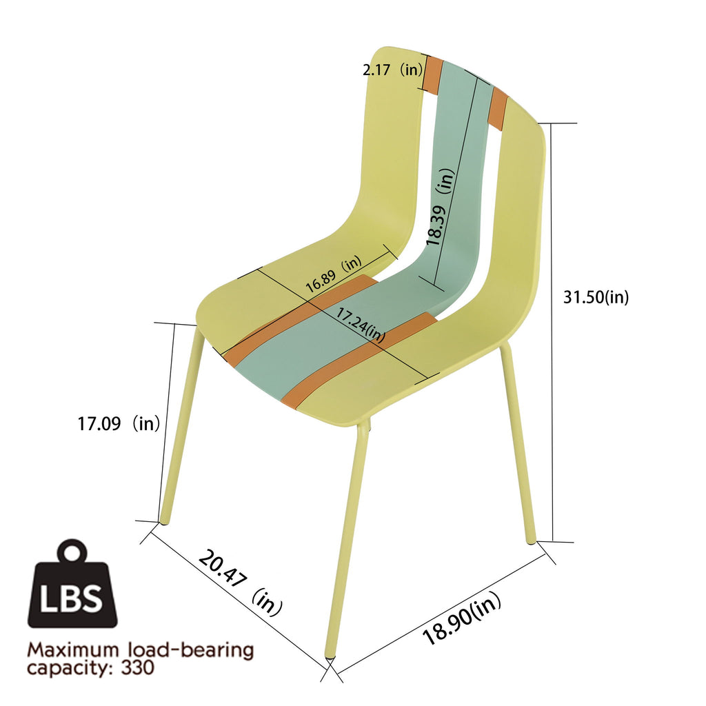 4 Piece Set Of Striped Color Blocking Single Chairs & Long Table - Grain Yellow / Haze Green / Tropical Orange / White