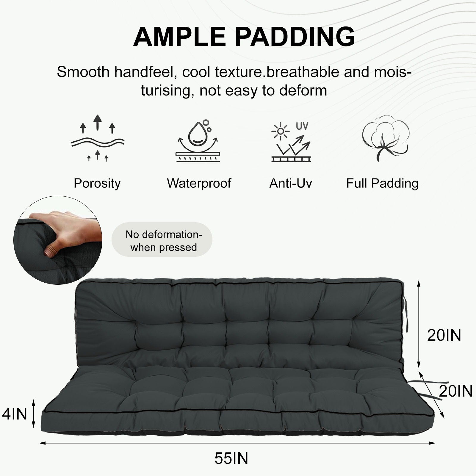 3 Seater Outdoor Porch Swing Cushion With Backrest, Waterproof
