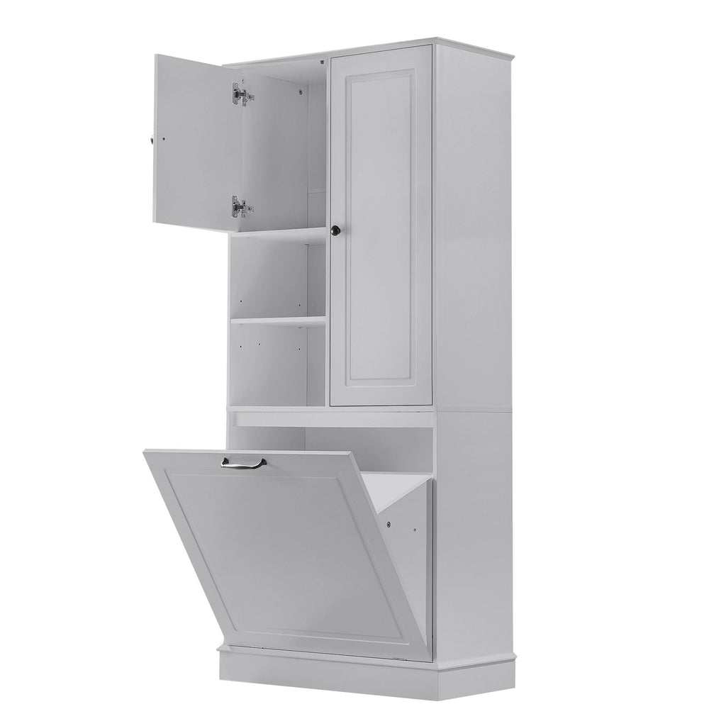 Modern Tall Storage Cabinet With Adjustable Shelves, Flip-Out Basket & Enclosed Doors