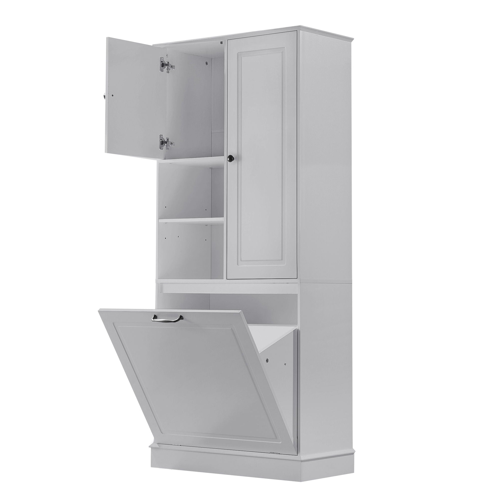 Modern Tall Storage Cabinet With Adjustable Shelves, Flip-Out Basket & Enclosed Doors