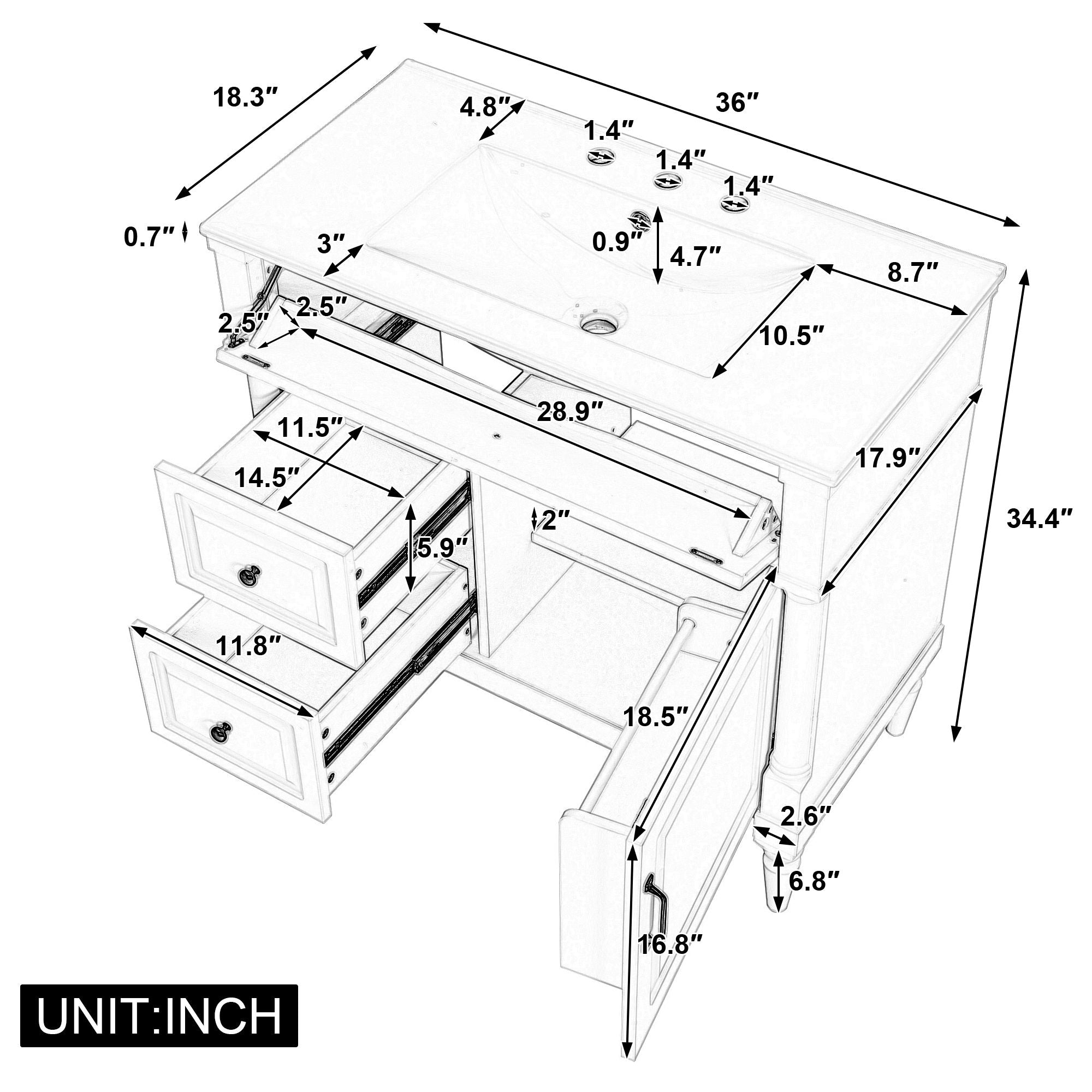 Freestanding Bathroom Vanity With Sink, Adjustable Shelf, Flip Drawer