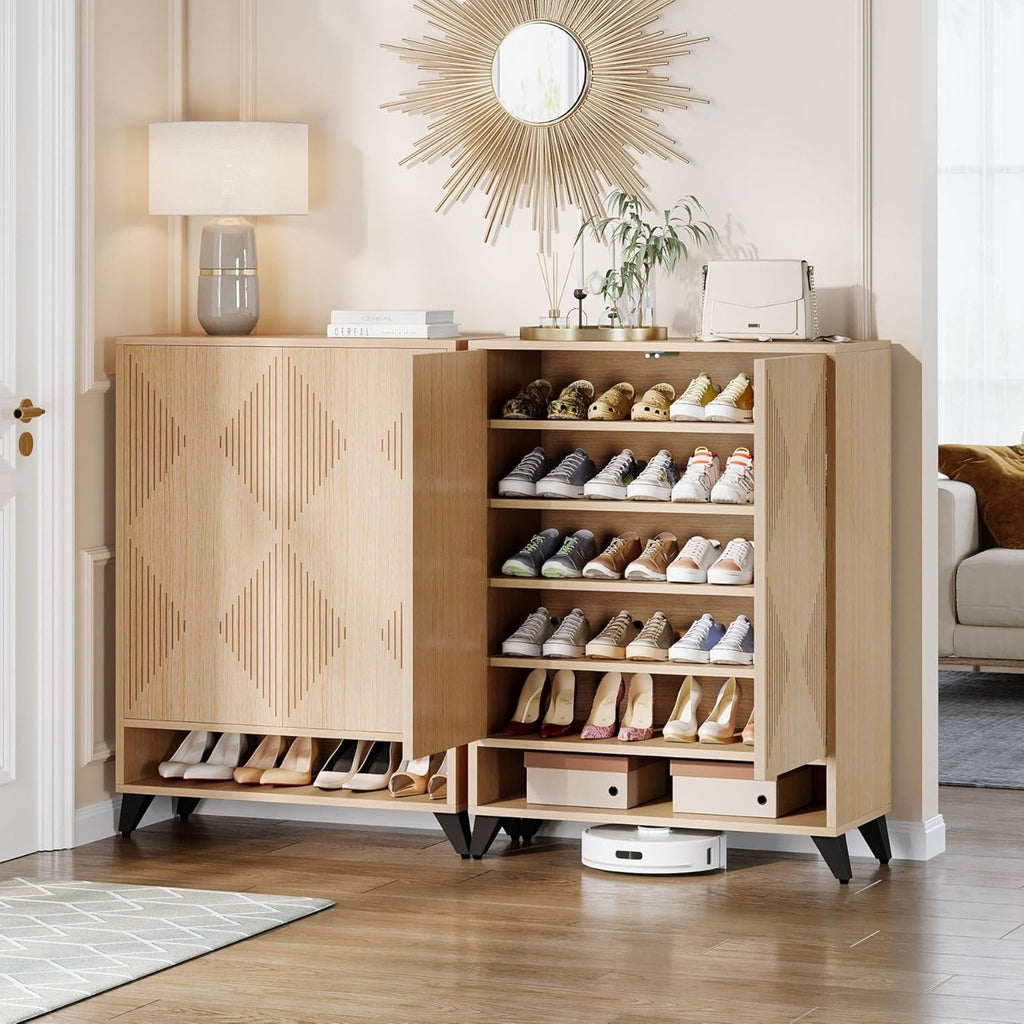 6 Tier Shoe Cabinet With Doors, Handle Free Push To Open Storage Unit For Entryway - Natural