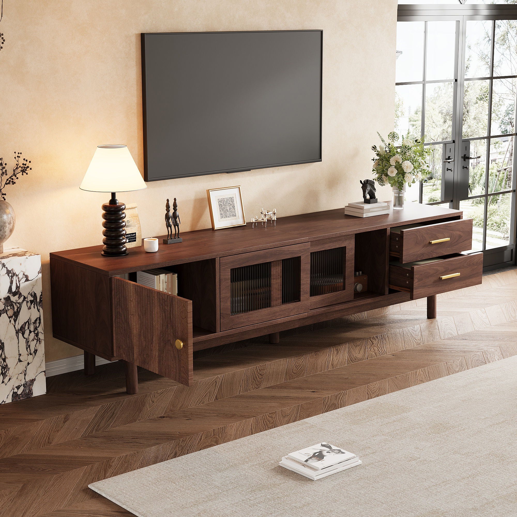 TV Stand With Sliding Doors And 2 Drawers For Living Room - Dark Brown