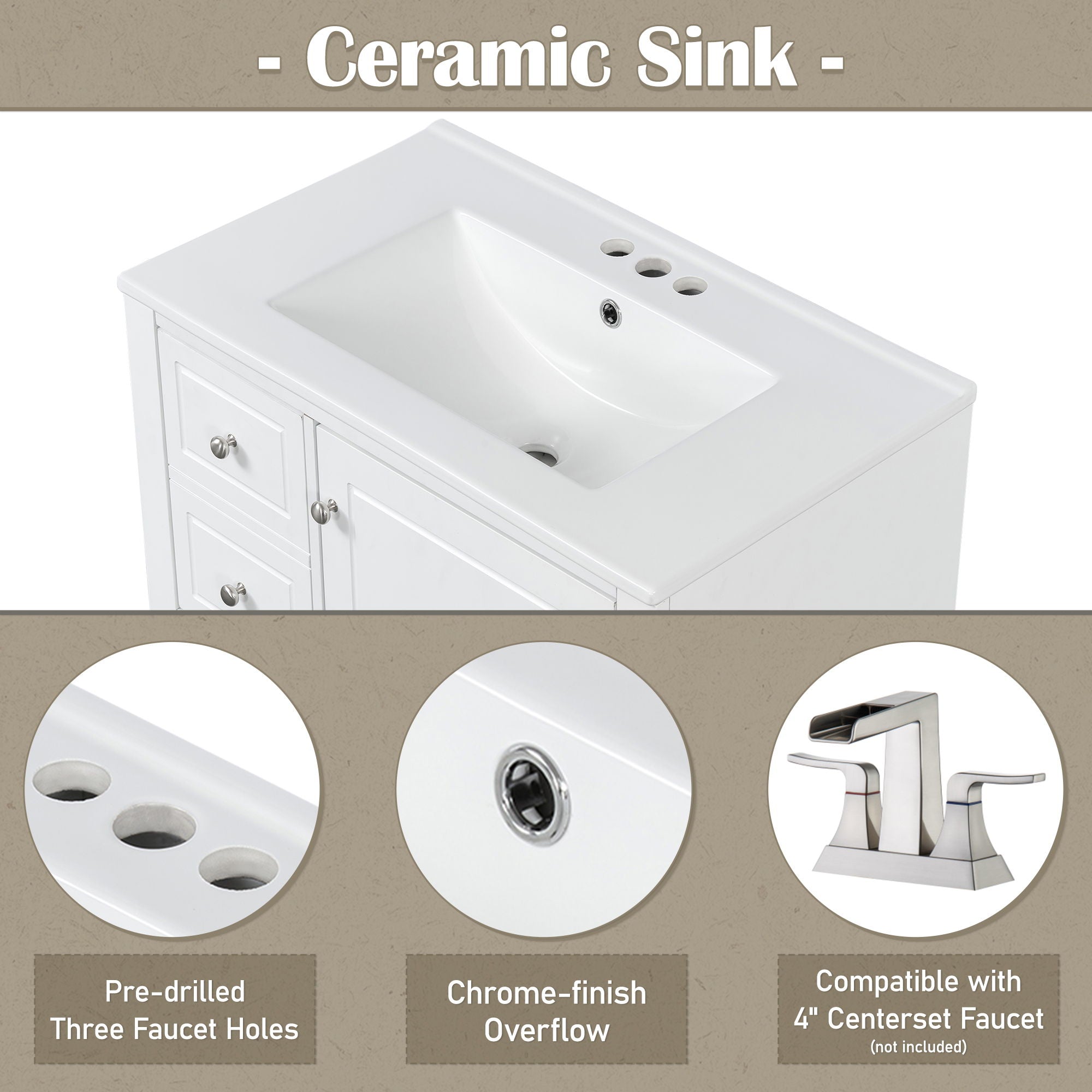 Freestanding Bathroom Vanity With Sink, Soft Close Door, 3 Drawers