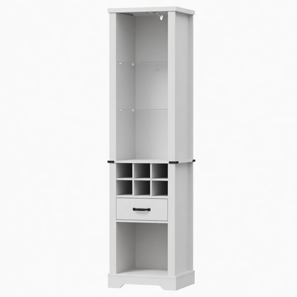 Pantry Cabinet With LED Lights, Wine Rack, Tempered Glass Shelves, And Barn Door Design - White