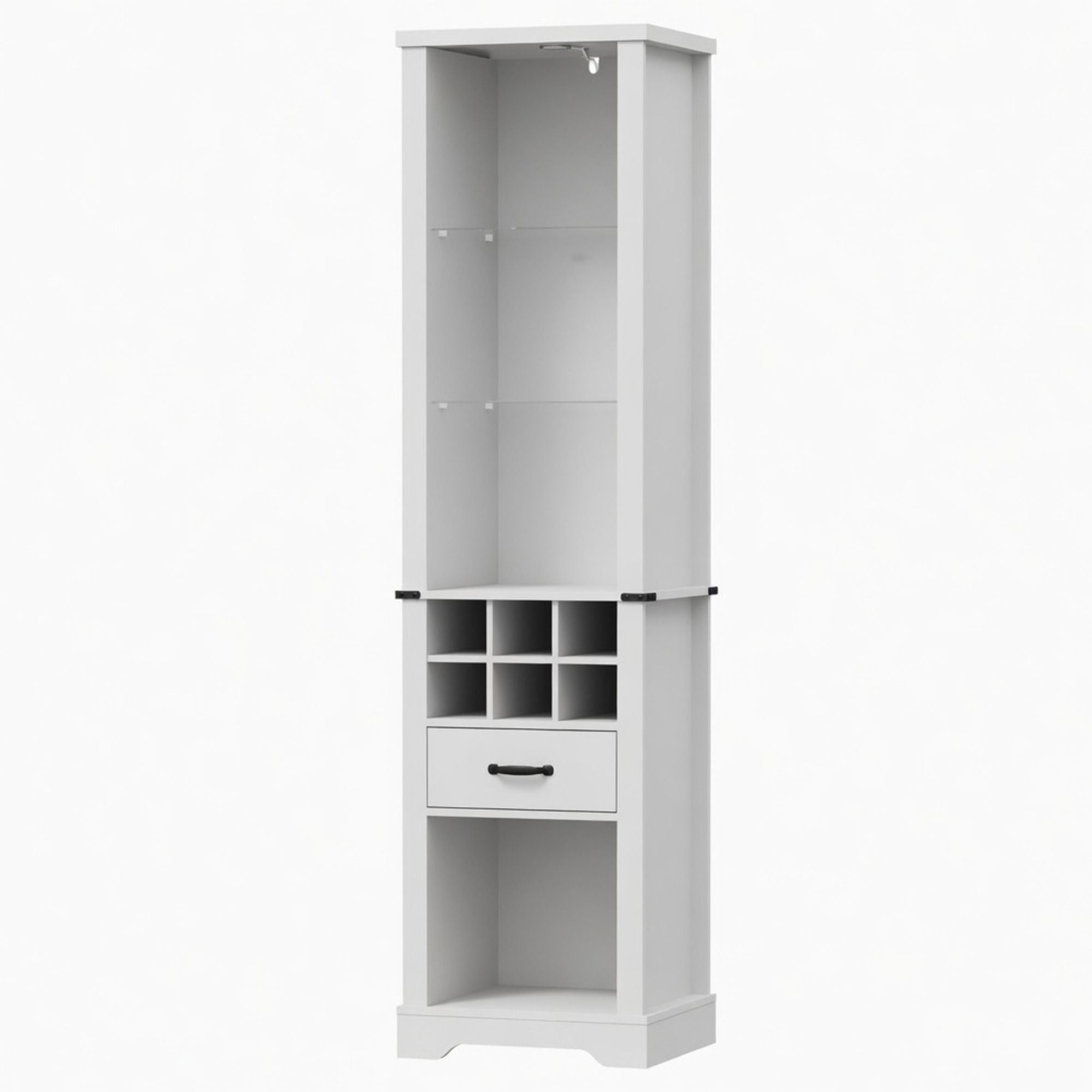 Pantry Cabinet With LED Lights, Wine Rack, Tempered Glass Shelves, And Barn Door Design - White