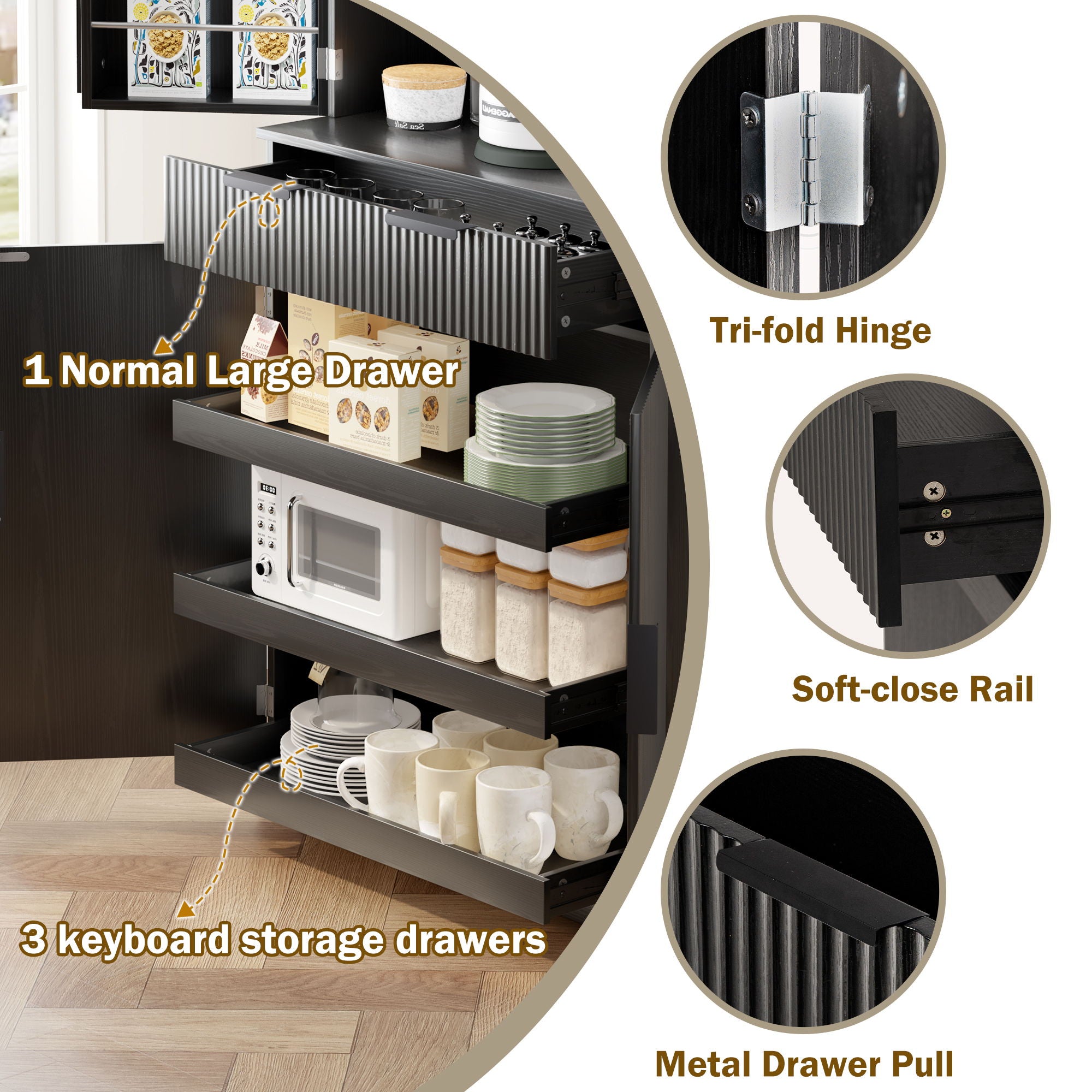 Fluted Kitchen Pantry Cabinet With 3 Keyboard Drawers & 6 Adjustable Door Shelves