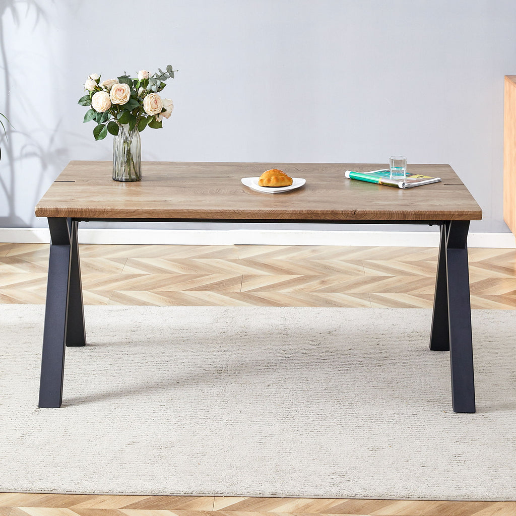 Wood Textured Dining Table With A Frame Legs.Density Board Sticker Pipe Spraying, Suitable For Various Occasions Such As Living Rooms - Black