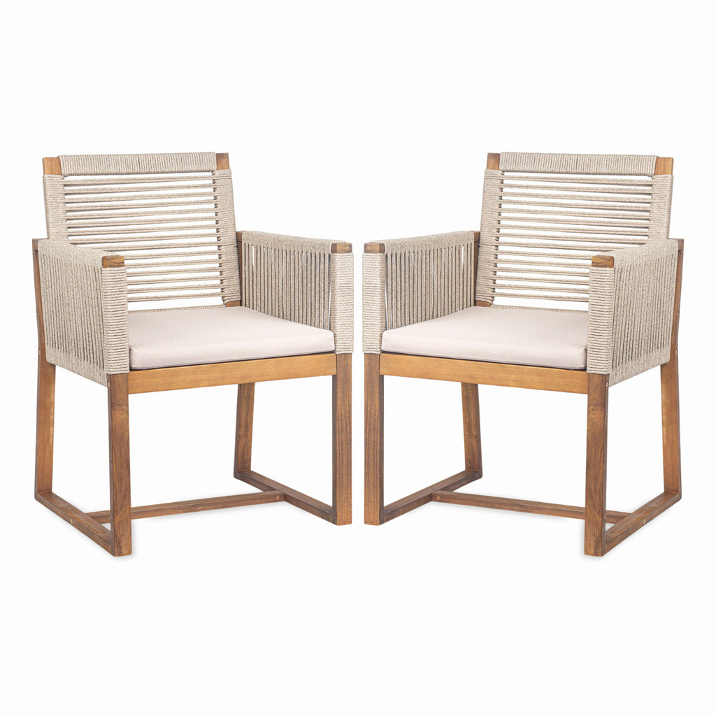 Acacia Wood Outdoor Dining Chairs (Set of 2) With Rope Design Back And Arms, Washable Cushion - Light Brown