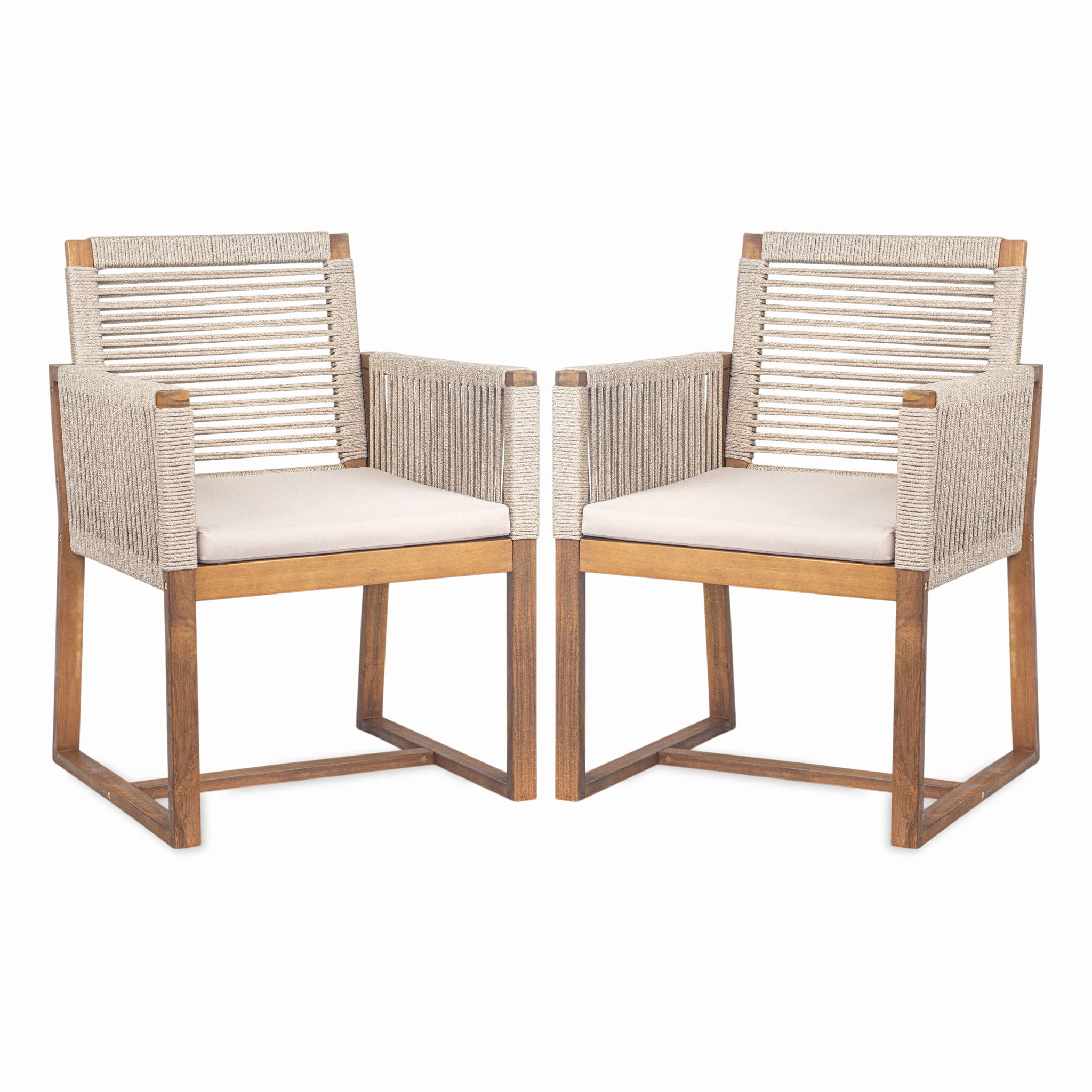 Acacia Wood Outdoor Dining Chairs (Set of 2) With Rope Design Back And Arms, Washable Cushion - Light Brown