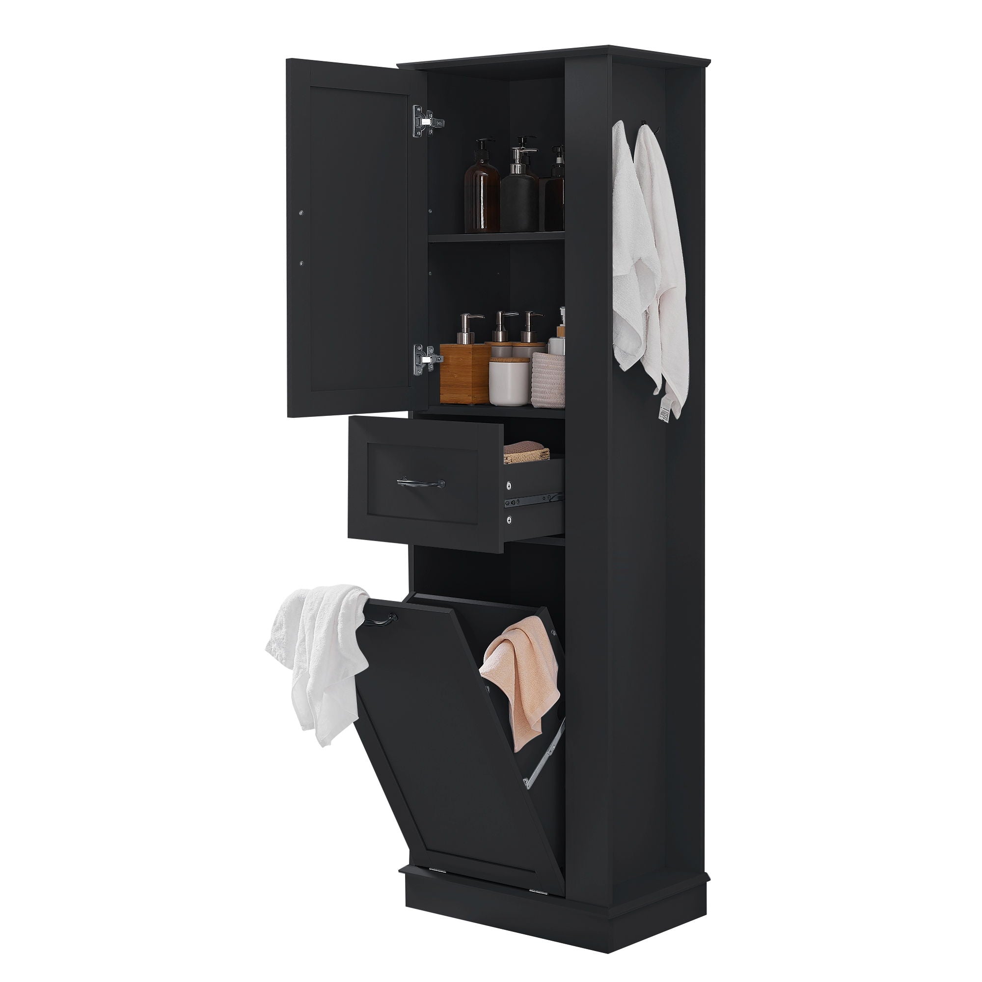 Modern Tall Storage Cabinet With Tilt-Out Compartment, Adjustable Shelves
