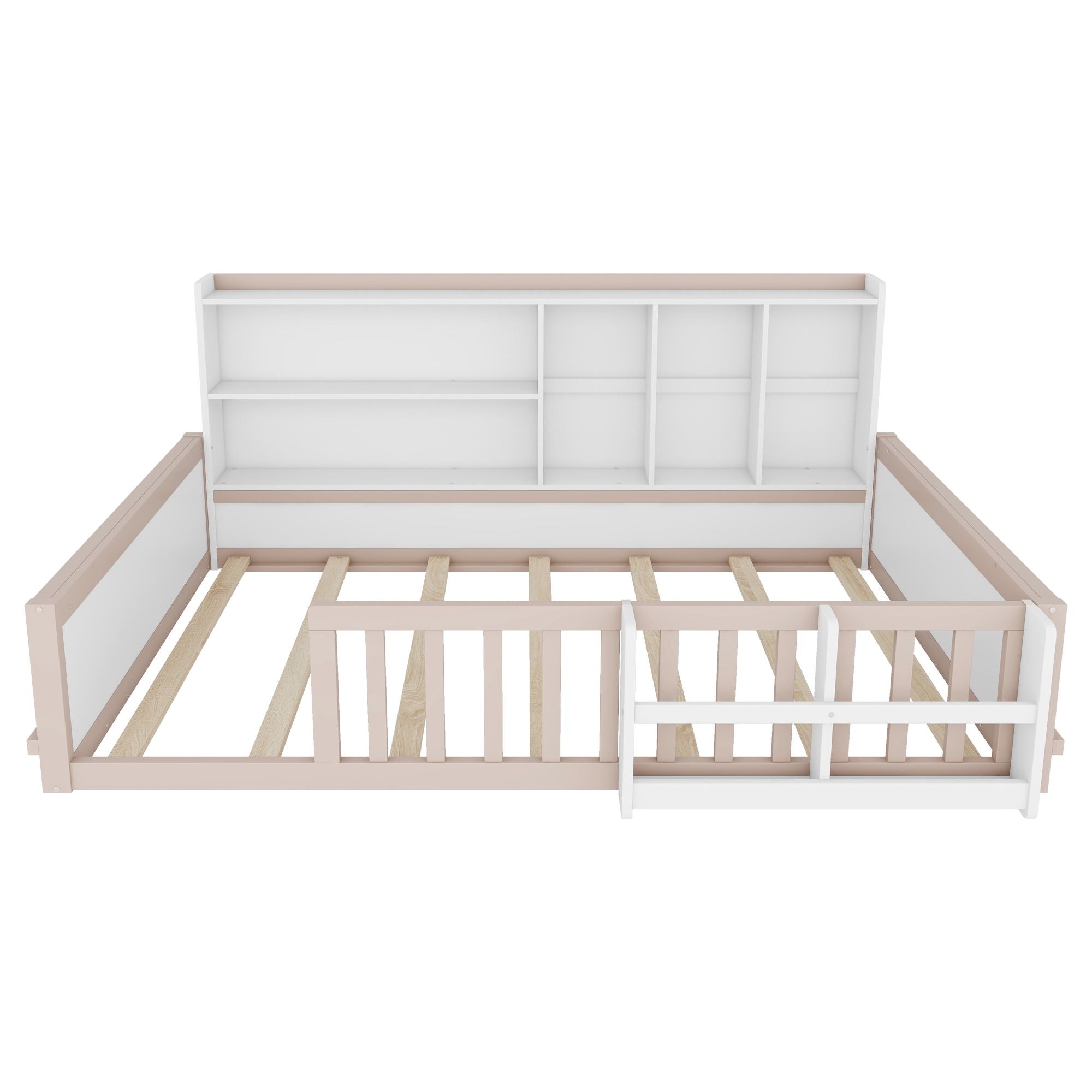 Platform Bed Frame With Guardrail, Storage Shelves & Bookshelf