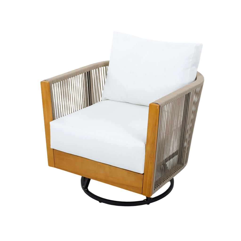 2 Swivel Chairs With Slat Top X Stretcher Side Table - Acacia Wood / Beige