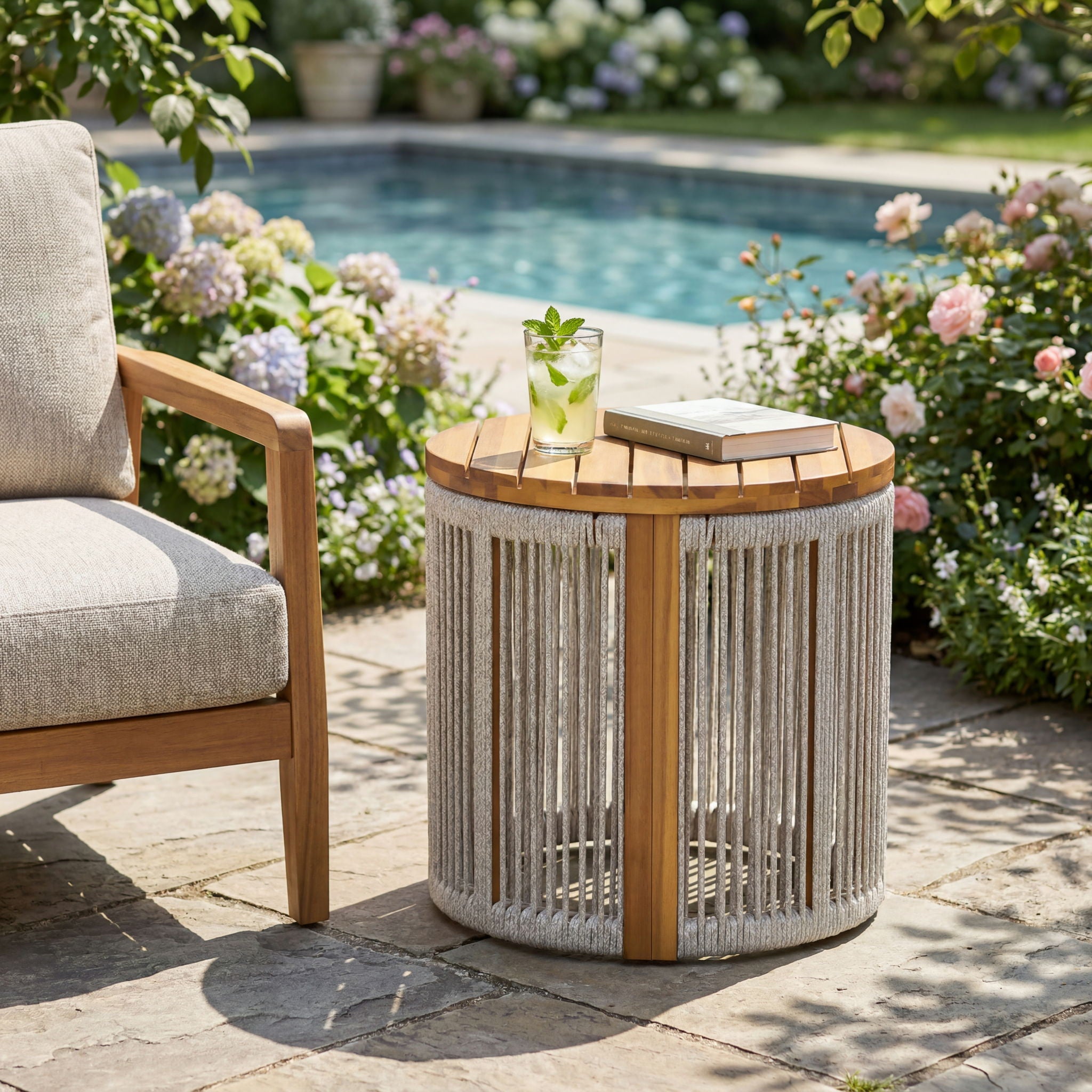 Round Side Table With Rope Detail For Patio - Light Gray / Teak