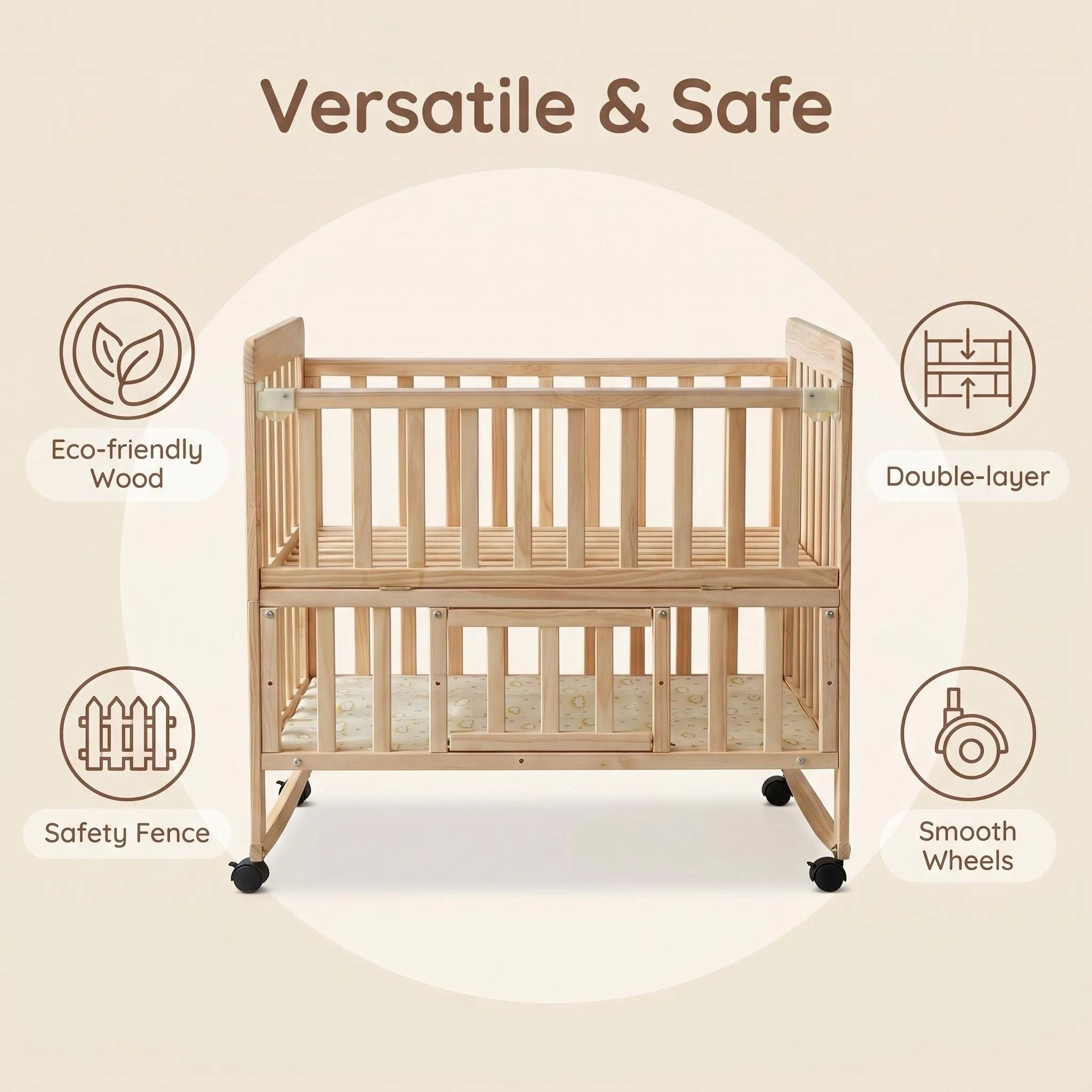 Portable Mini Baby Crib 5 In 1 Convertible With Foldable Storage - Natural Wood