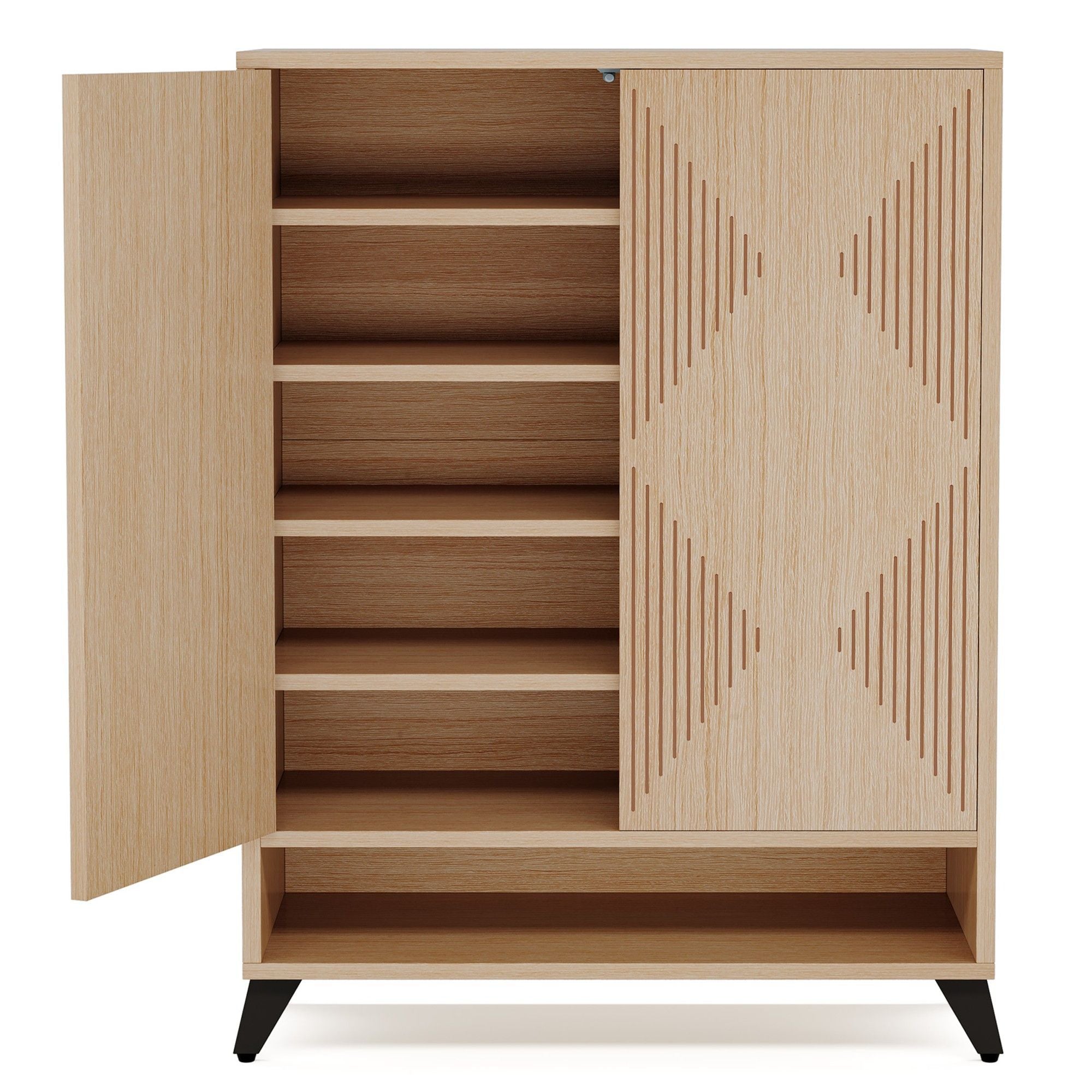6 Tier Shoe Cabinet With Doors, Handle Free Push To Open Storage Unit For Entryway - Natural