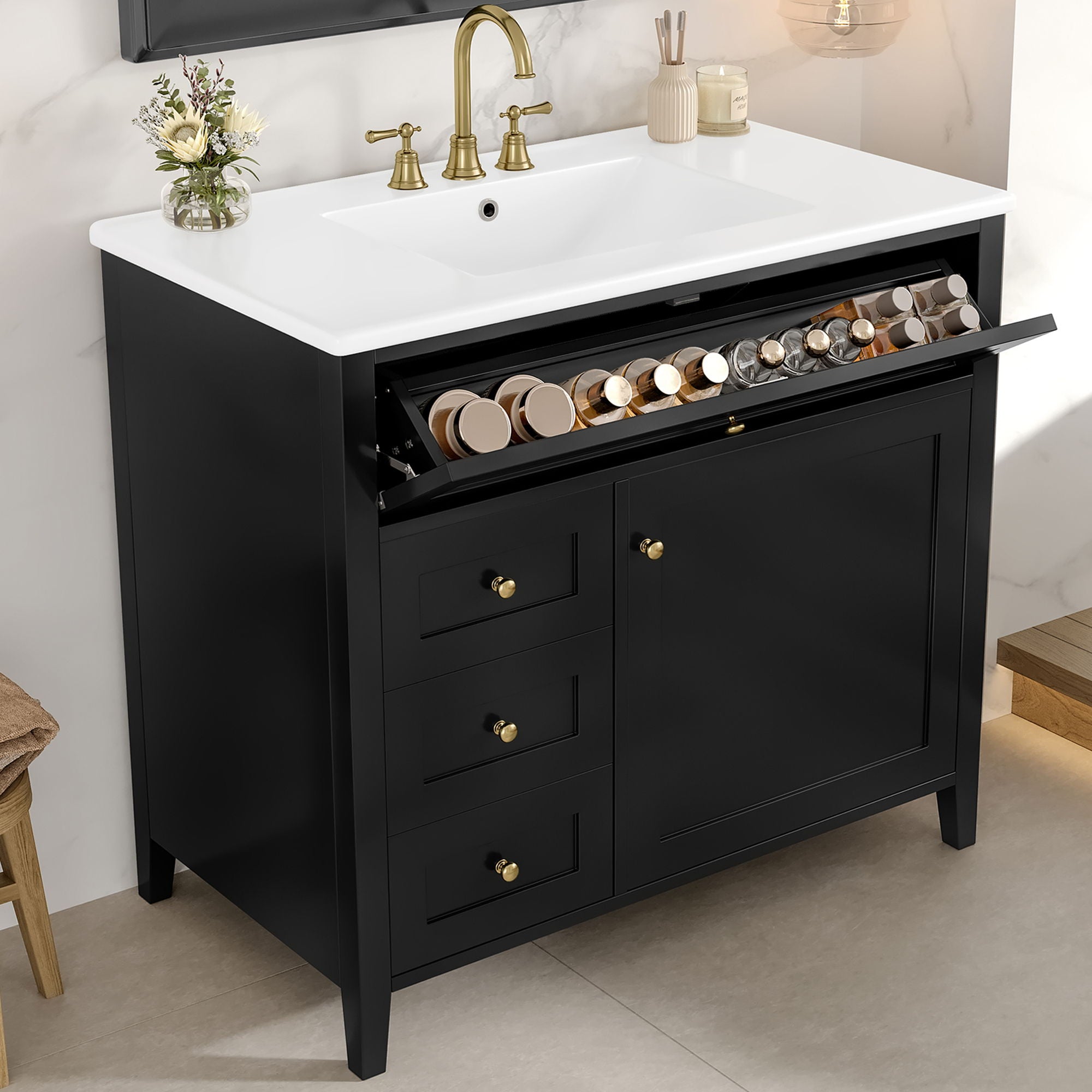 Bathroom Vanity With Sink, 3 Drawers & Cabinet With Adjustable Shelves