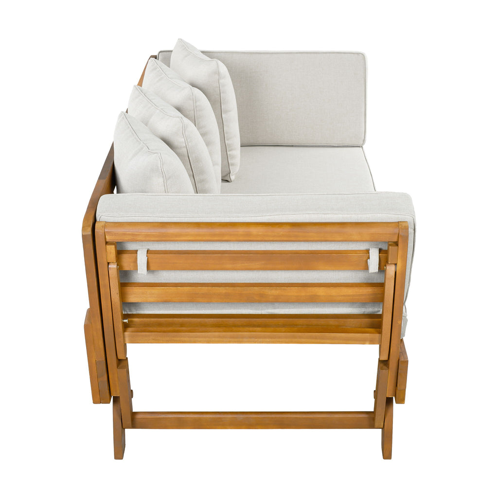 Outdoor Patio Daybed Sofa With Foldable Arm, 3 Seat With 4 Back Pillows - Beige / Teak
