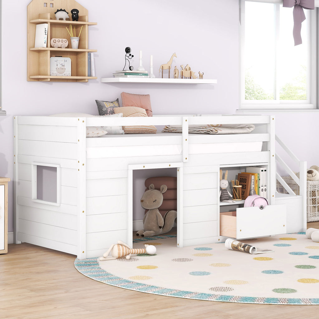 Low Loft Bed With Stair, Drawer, And Shelf